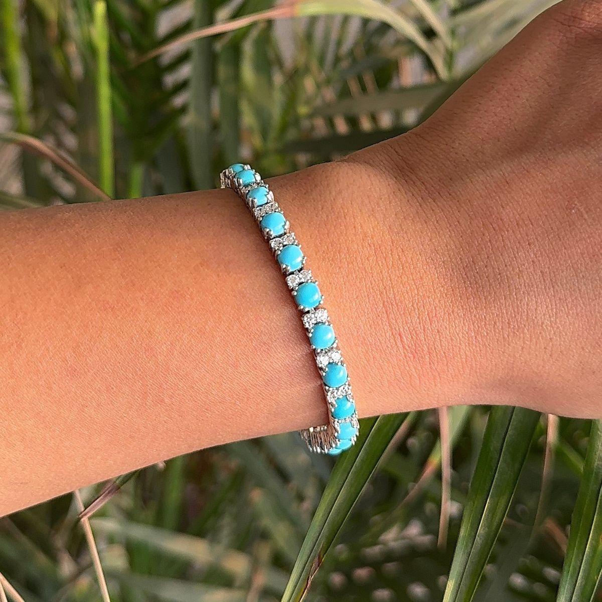 Modern Design Natural Turquoise and Zirconia Silver Tennis Bracelet Gift for Her For Sale 2