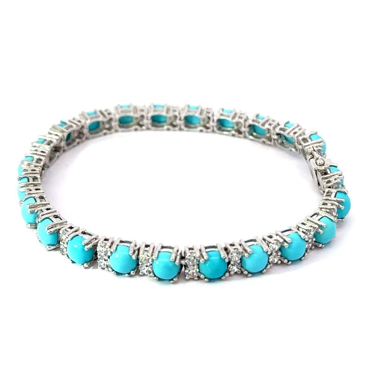 Modern Design Natural Turquoise and Zirconia Silver Tennis Bracelet Gift for Her For Sale 3