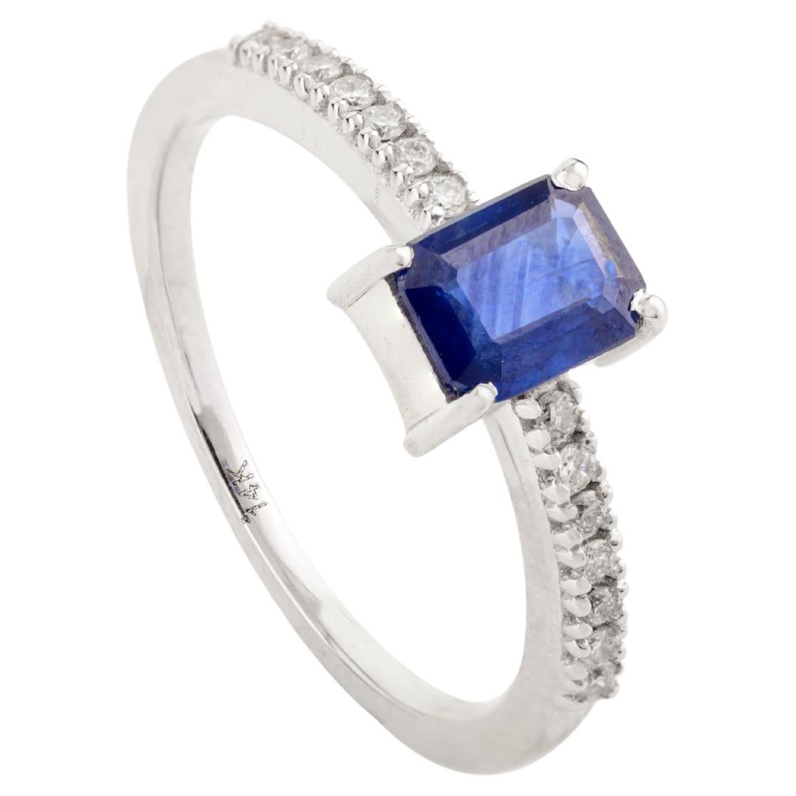 Modern Design Octagon Cut Blue Sapphire & Diamond Ring For Women 14k White Gold