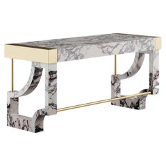 Mid-Century Modern Design Office Desk Violet Marble with Details Polished Brass