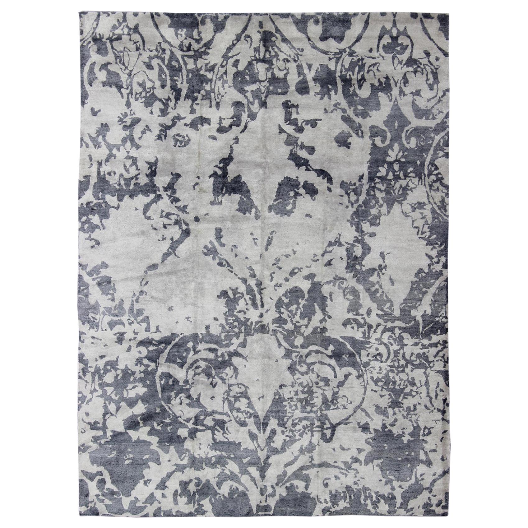 Modern Design Rug from Nepal in Gray Blue, Gray, Steel Blue and White