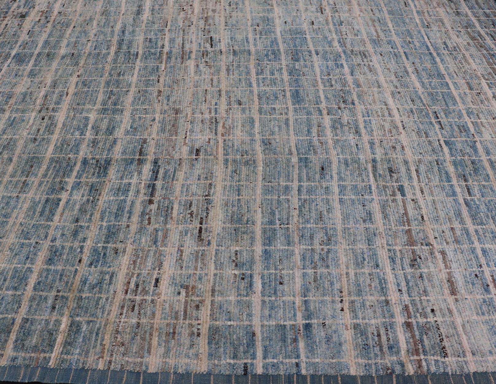 Hand-Knotted Modern Design Rug in Variegated Blue, Cream, Taupe and Brown Tones For Sale