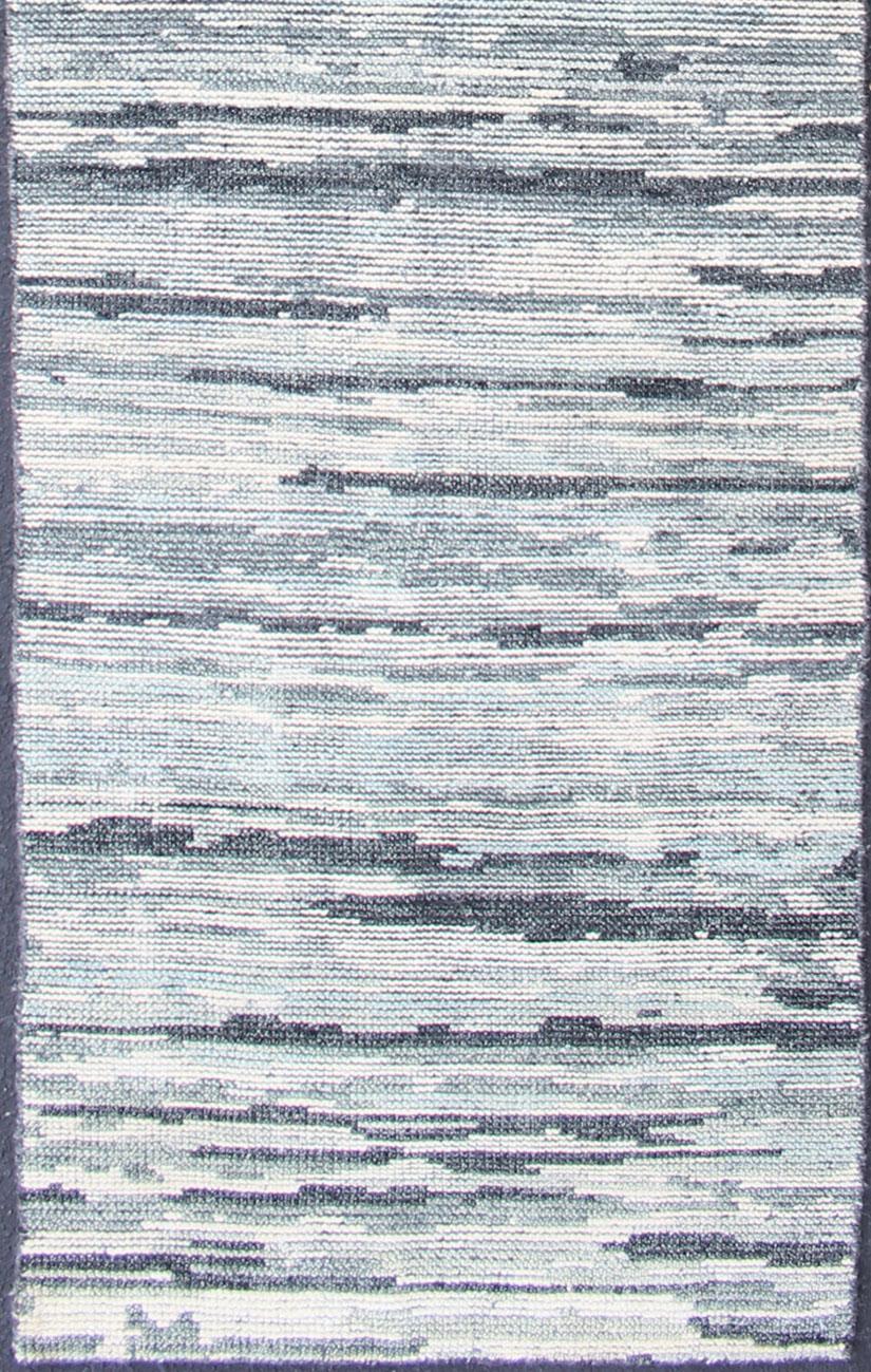 Hand-Knotted Modern Design Runner in Silver, Green, Gray, White & Neutral Tones  For Sale