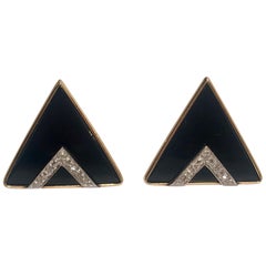 Modern Design Triangular Black Onyx, Yellow Gold and Diamond Pave Post Earrings