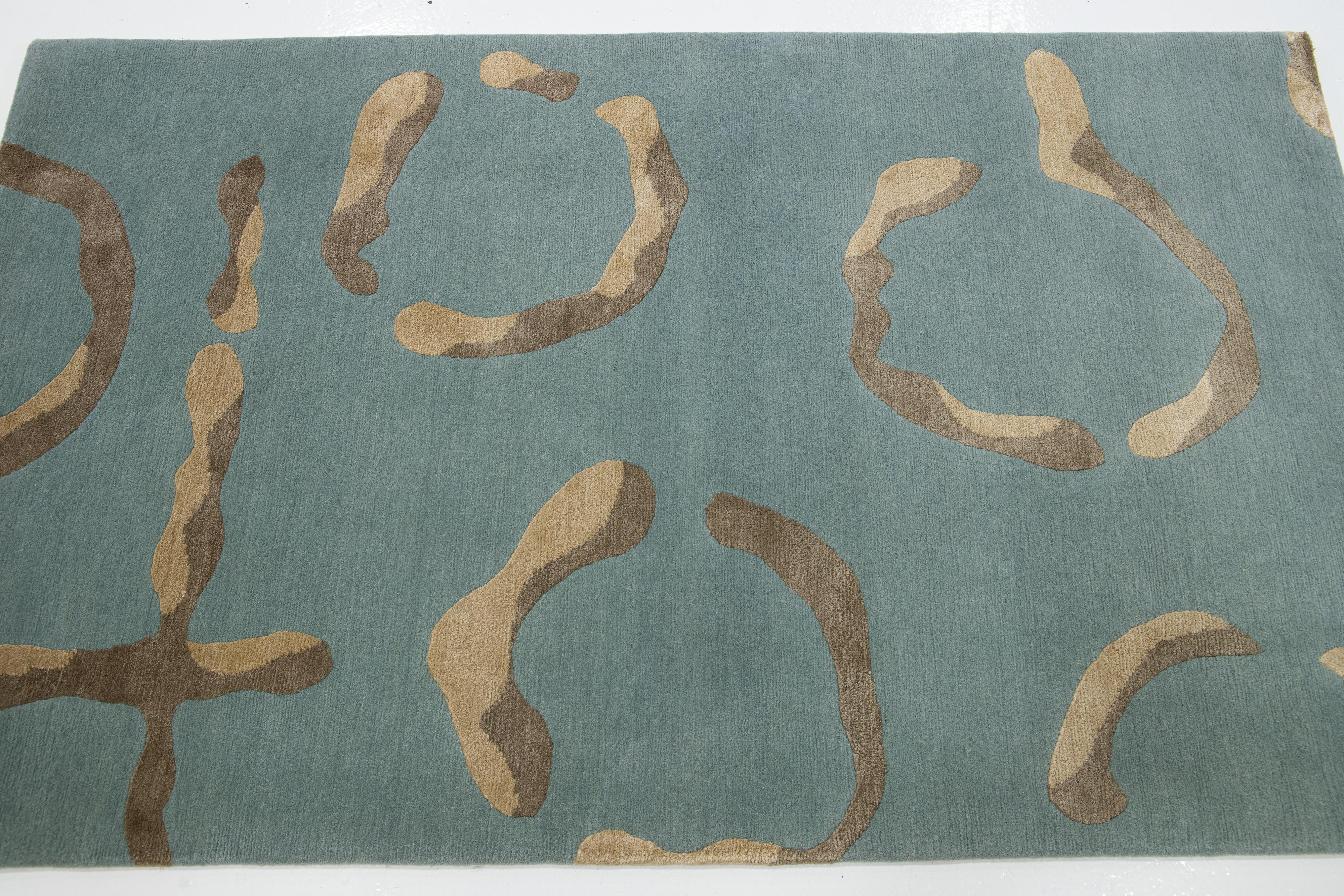 Organic Modern Modern Designed Blue Wool & Silk Rug For Sale