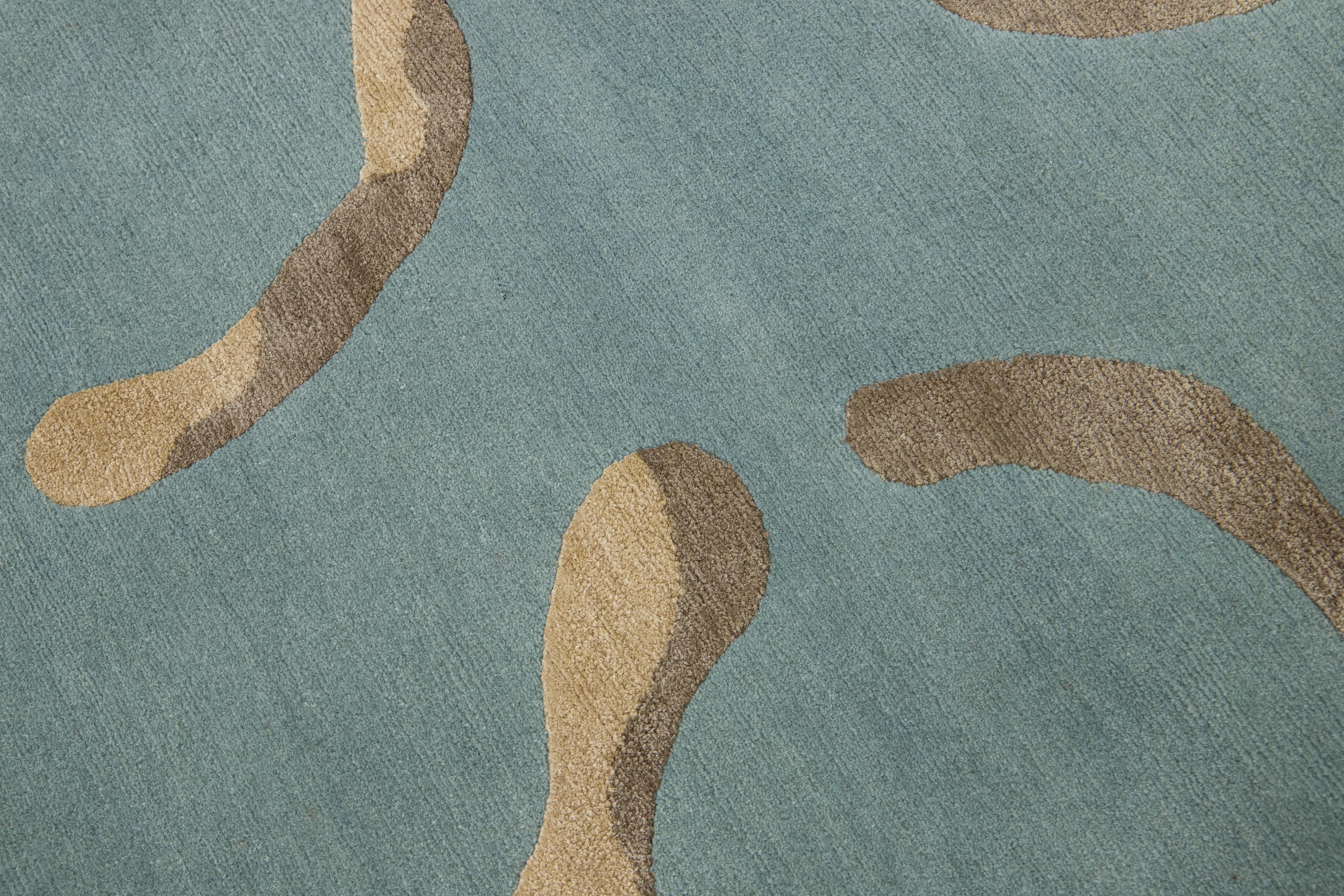 Nepalese Modern Designed Blue Wool & Silk Rug For Sale