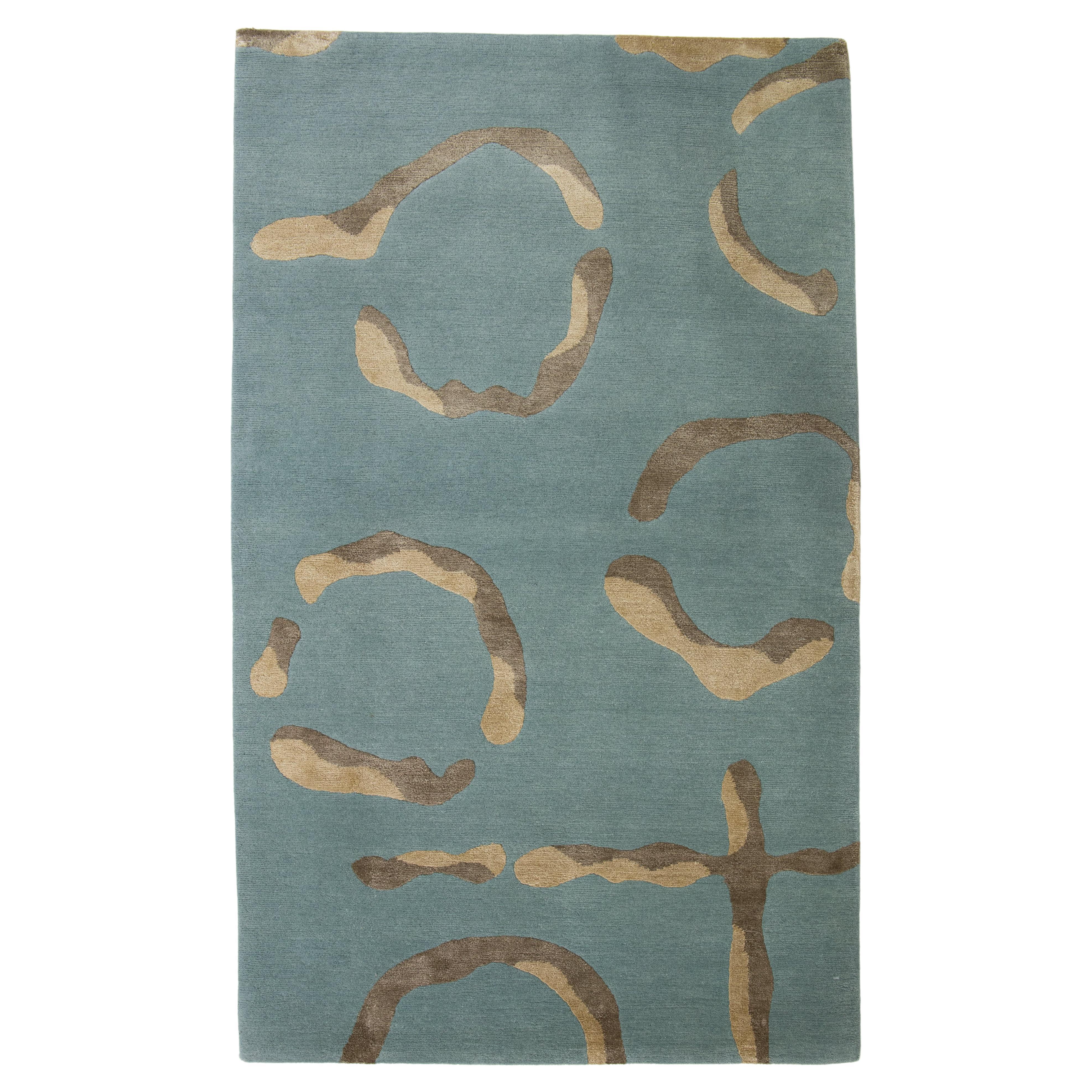 Modern Designed Blue Wool & Silk Rug