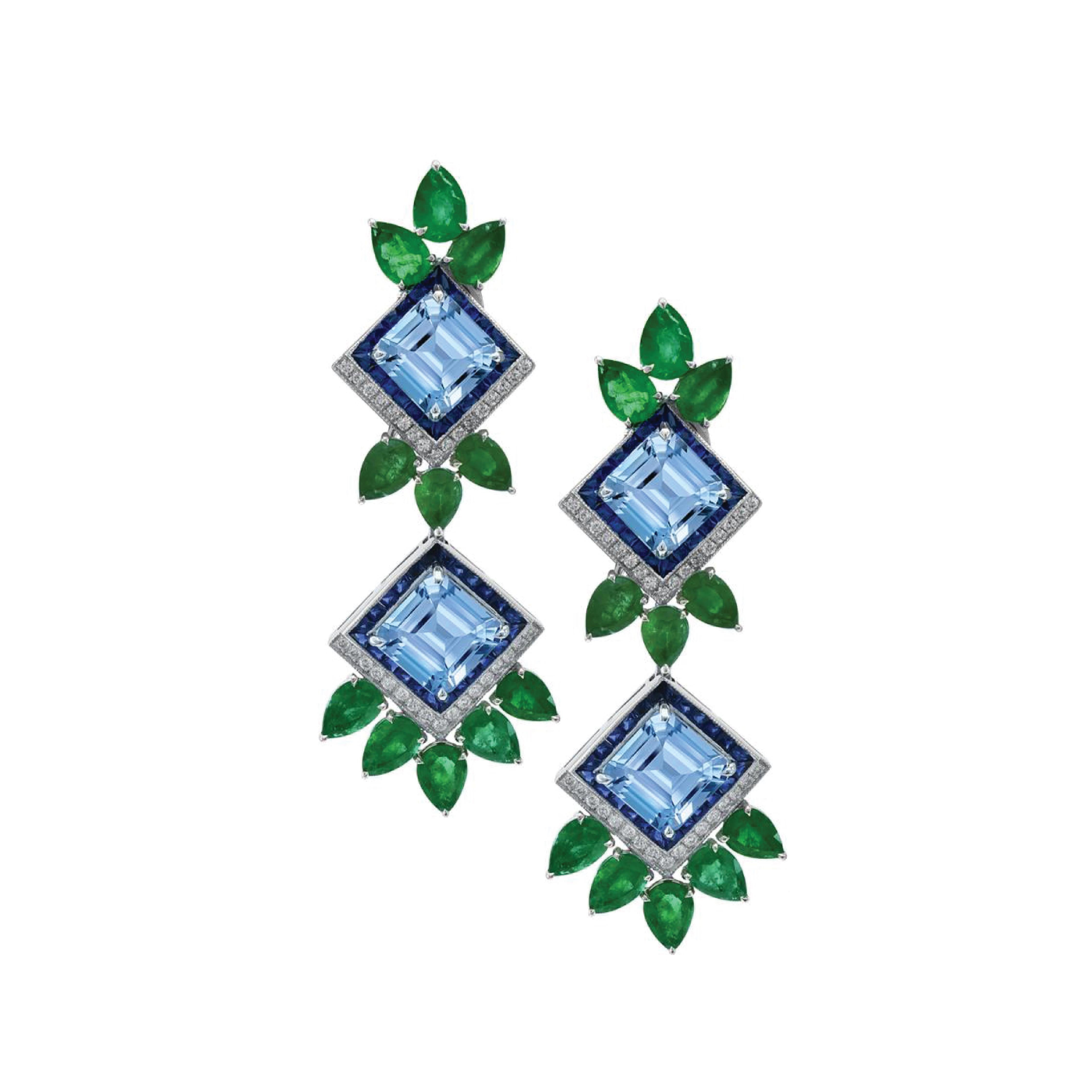 Square Cut Modern Designed Pair of Platinum Aquamarine Emerald Sapphire & Diamond Earrings
