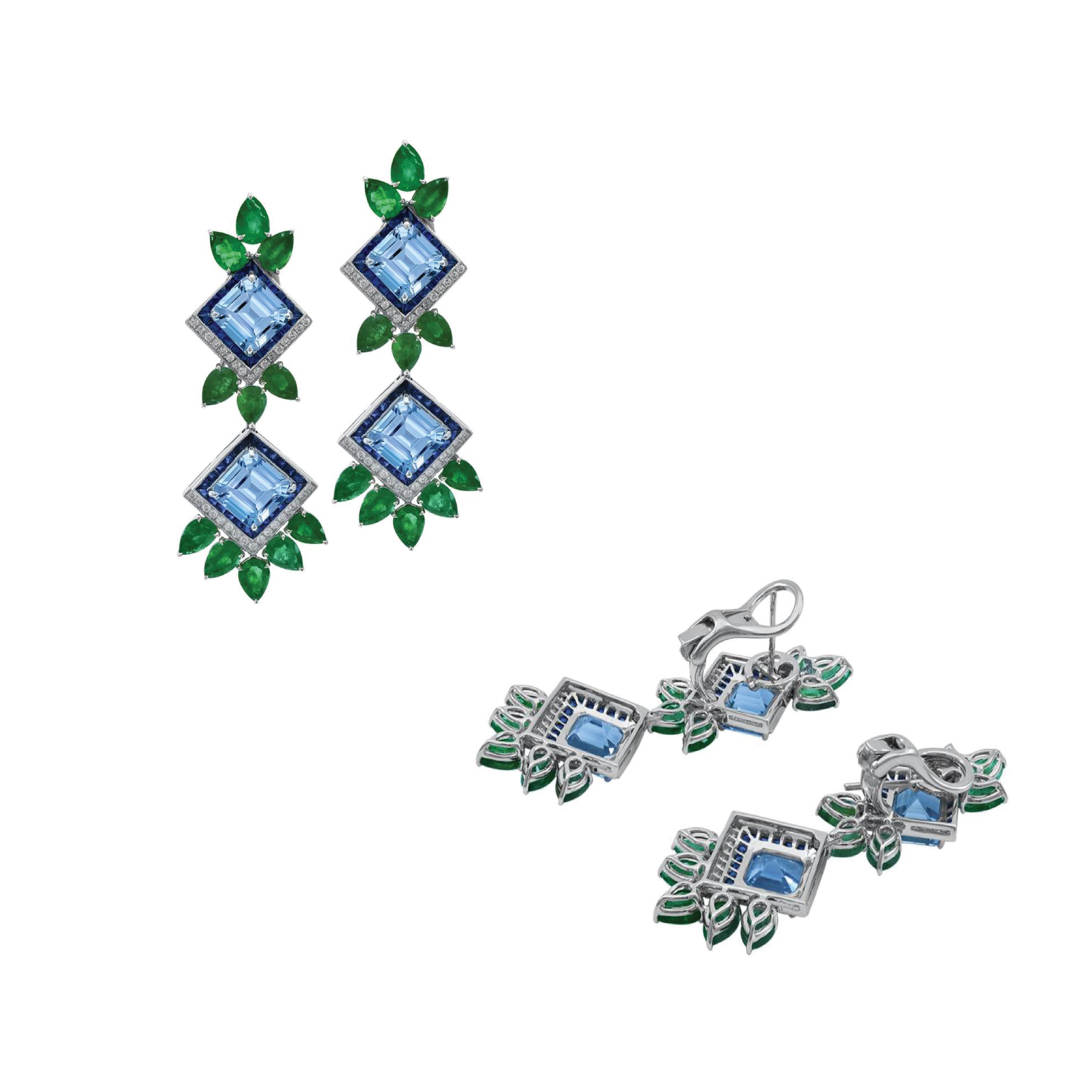 Modern Designed Pair of Platinum Aquamarine Emerald Sapphire & Diamond Earrings In New Condition In New York, NY