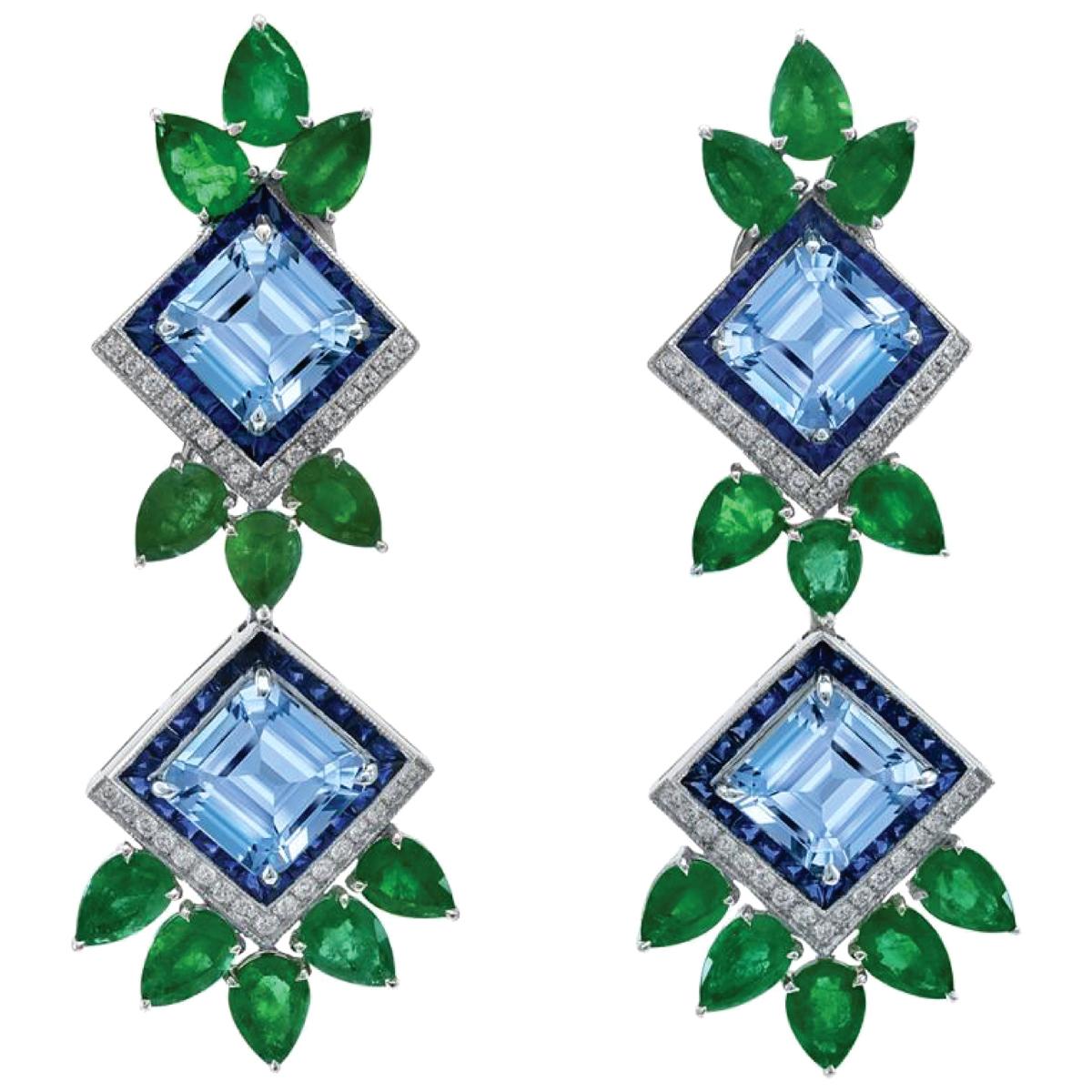 Modern Designed Pair of Platinum Aquamarine Emerald Sapphire & Diamond Earrings