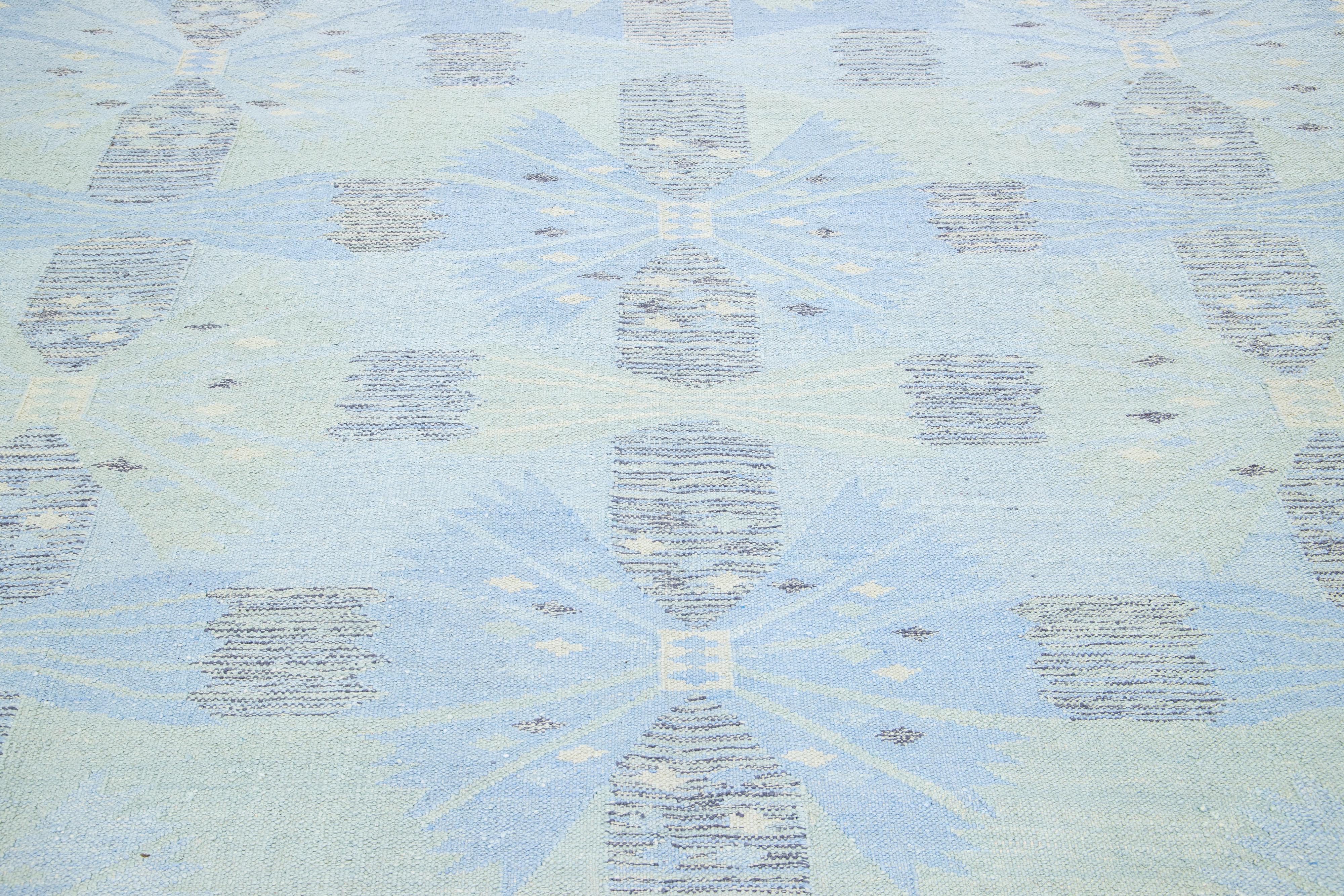 Modern Designed Swedish Style Wool & Silk Rug Handmade In Light Blue  In New Condition For Sale In Norwalk, CT