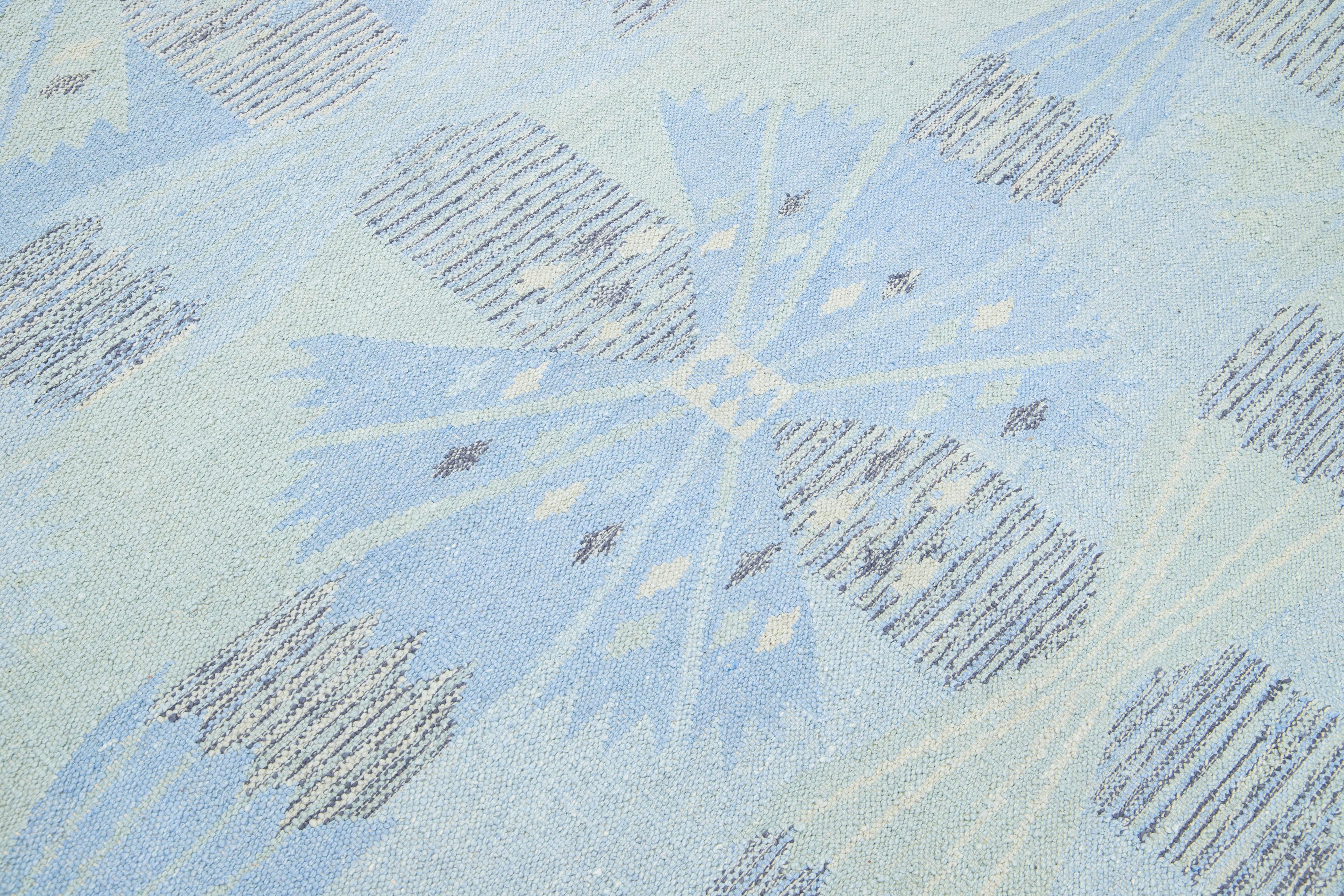 Contemporary Modern Designed Swedish Style Wool & Silk Rug Handmade In Light Blue  For Sale