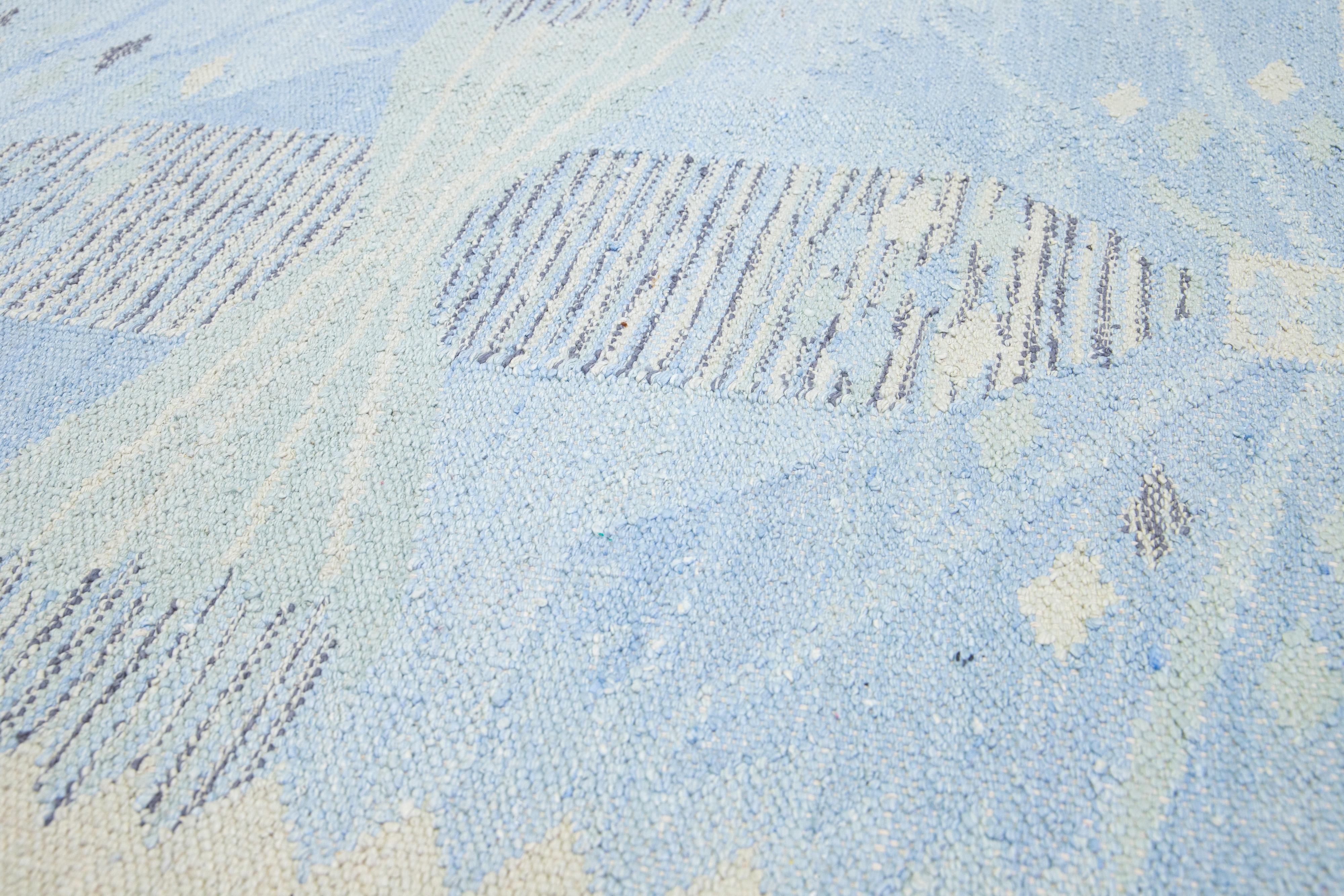 Modern Designed Swedish Style Wool & Silk Rug Handmade In Light Blue  For Sale 2
