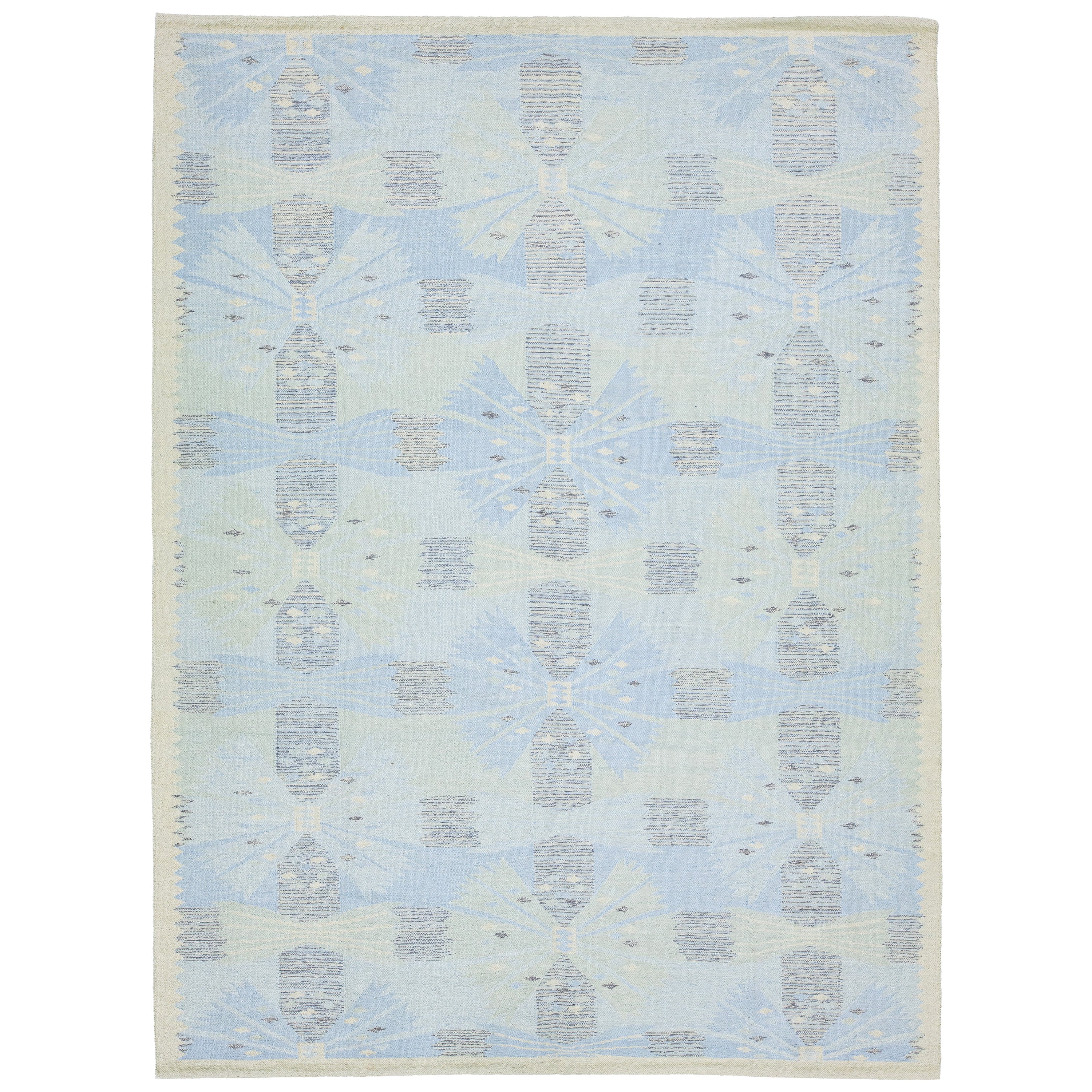 Alfombra De Lana Y Seda De Diseño Moderno Estilo Sueco Hecha A Mano En Azul Claro