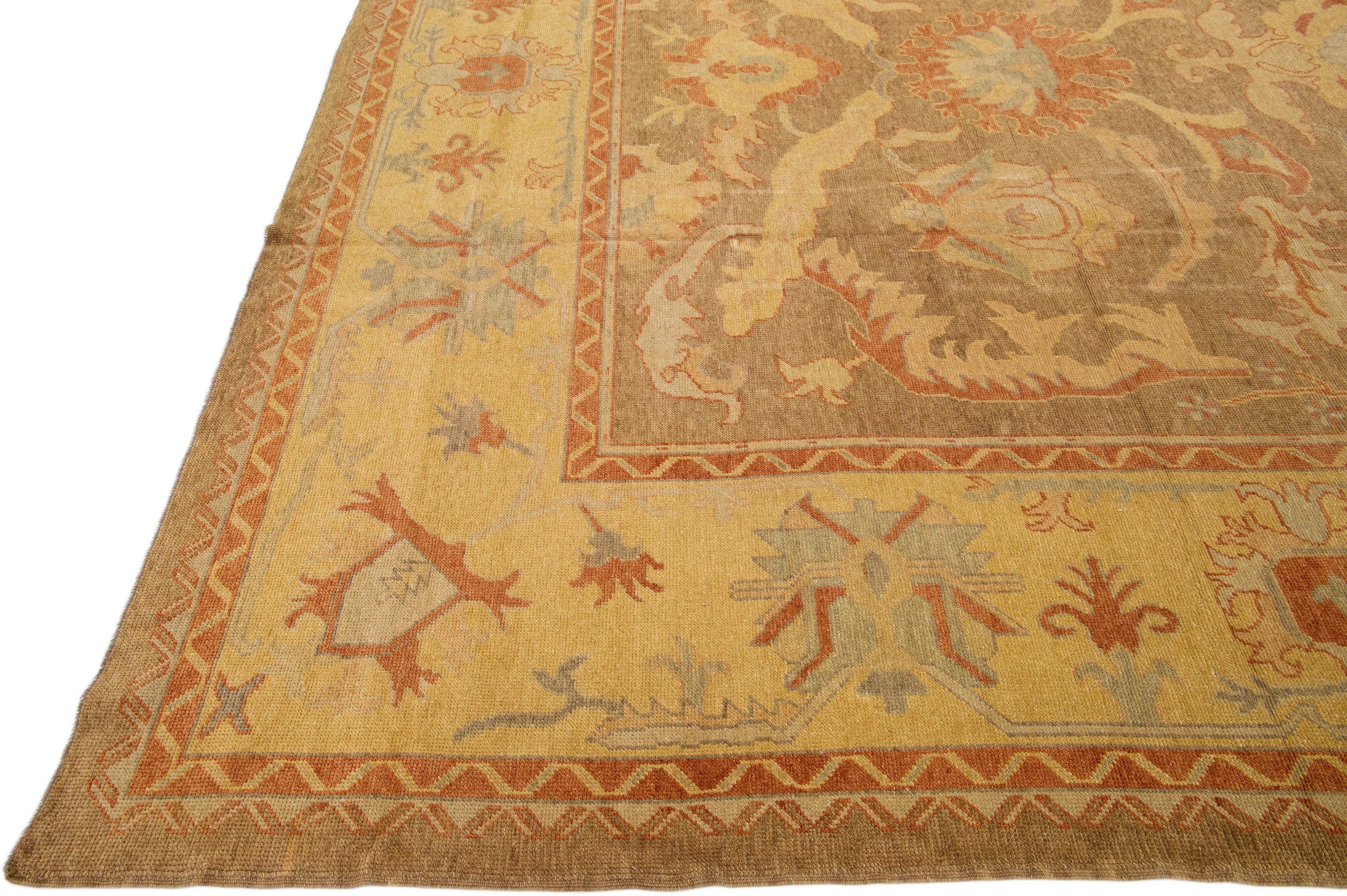 Hand-Knotted Modern Designed Turkish Oushak Handmade Brown Wool Rug with Floral Motif For Sale