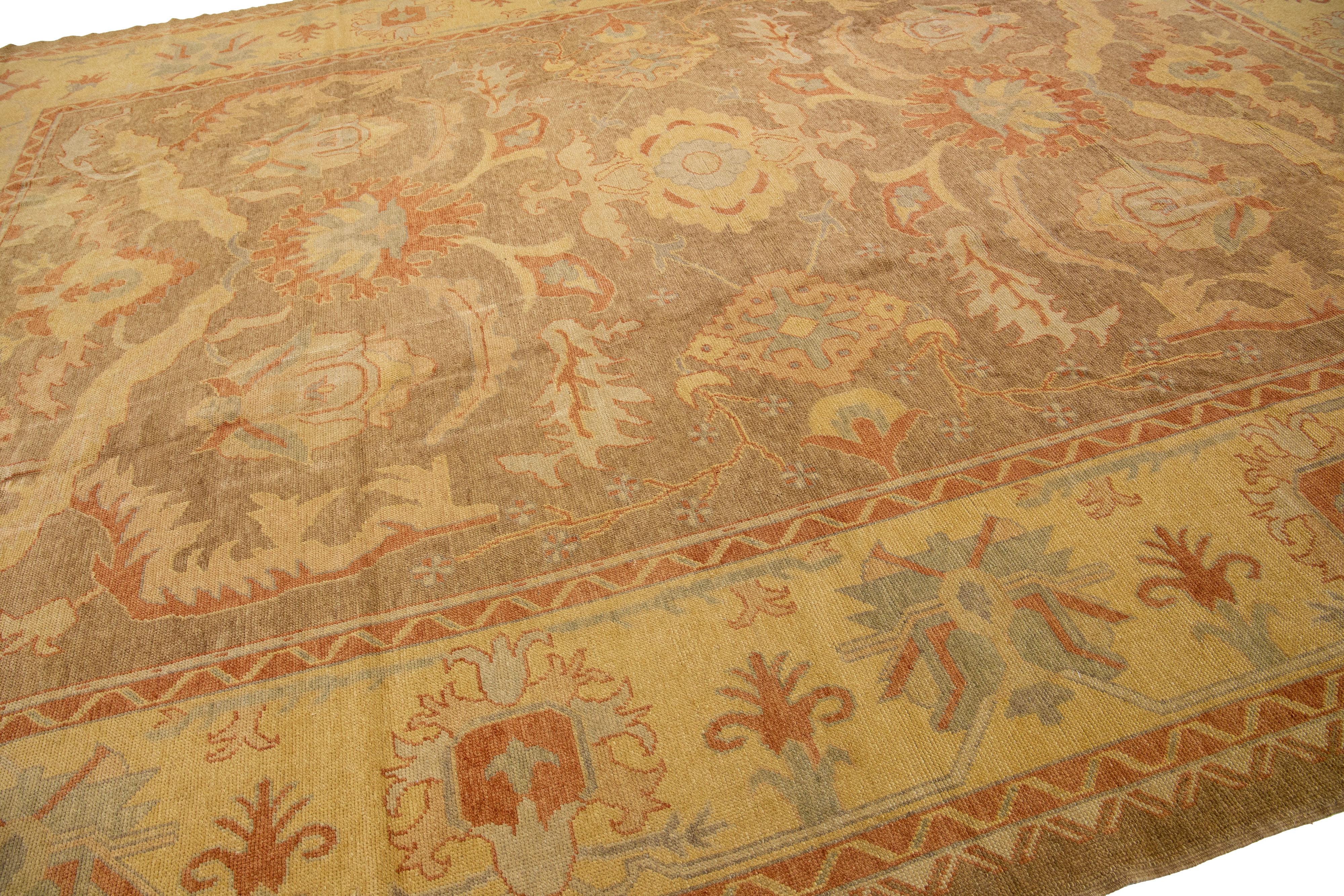 Modern Designed Turkish Oushak Handmade Brown Wool Rug with Floral Motif In Excellent Condition For Sale In Norwalk, CT