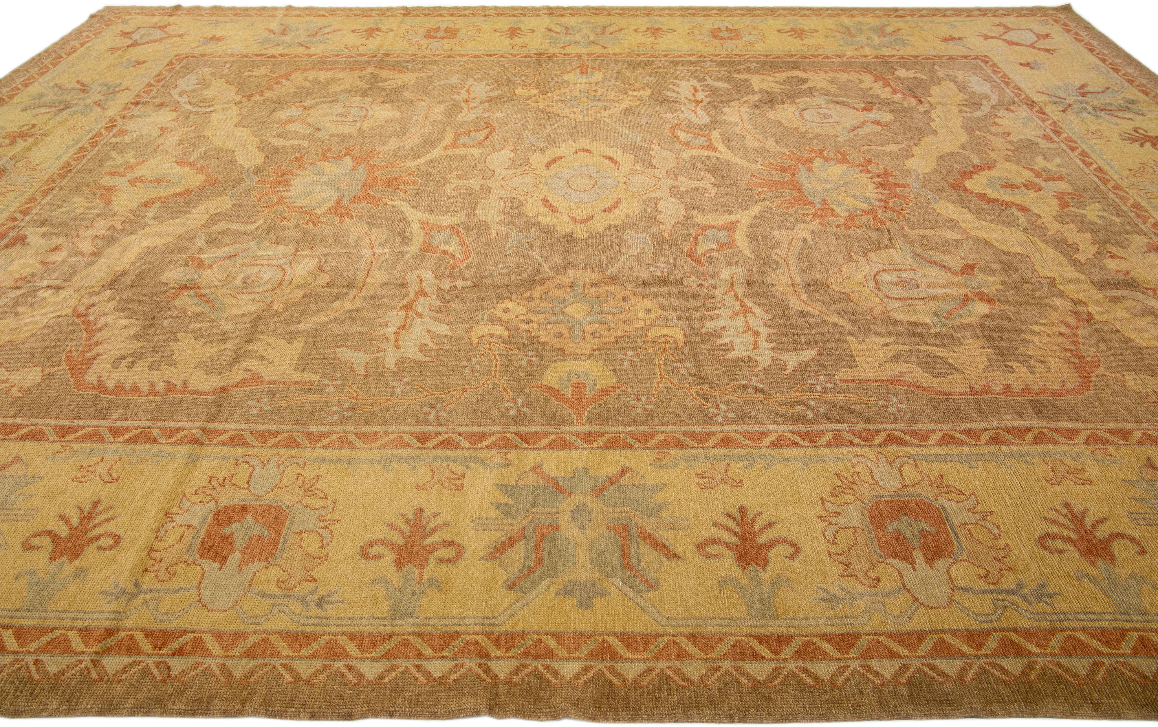 Contemporary Modern Designed Turkish Oushak Handmade Brown Wool Rug with Floral Motif For Sale