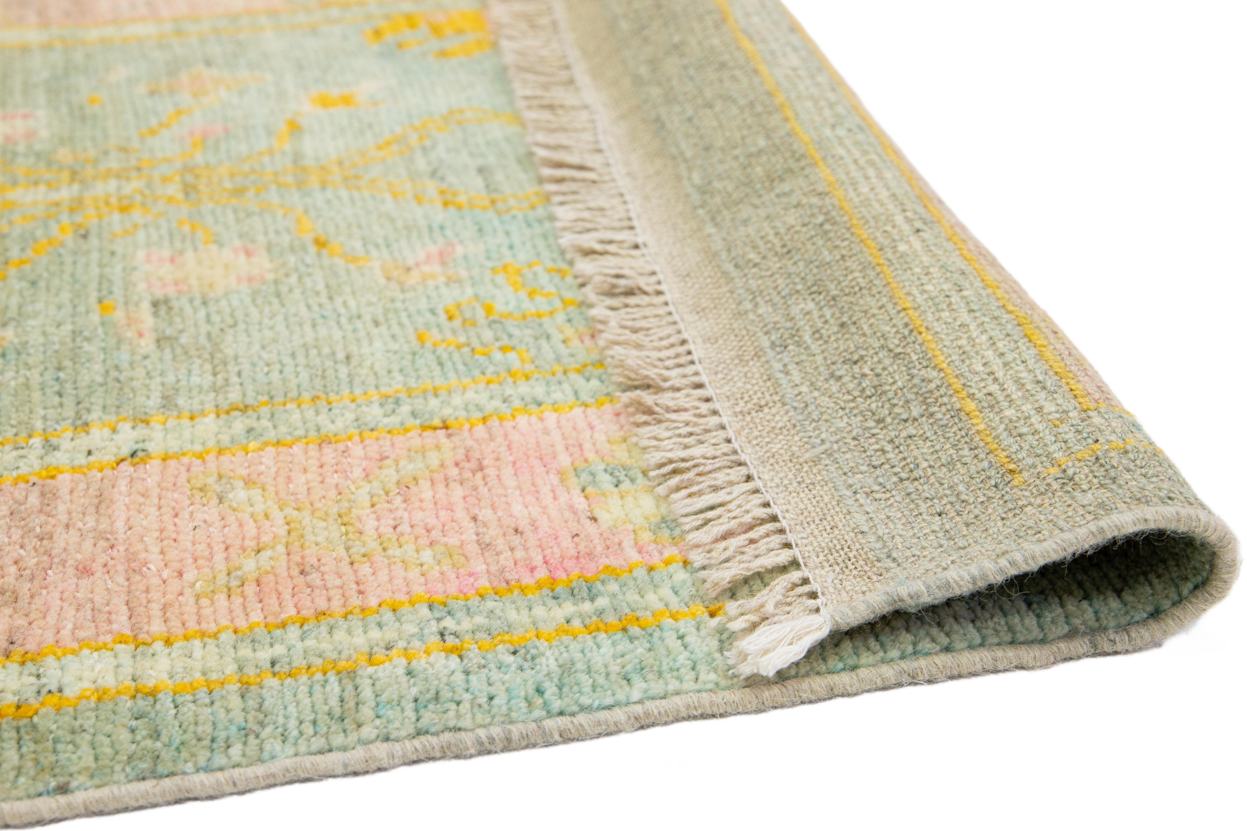 Hand-Knotted Modern Designed Turkish Oushak Handmade Wool Runner in Green  For Sale