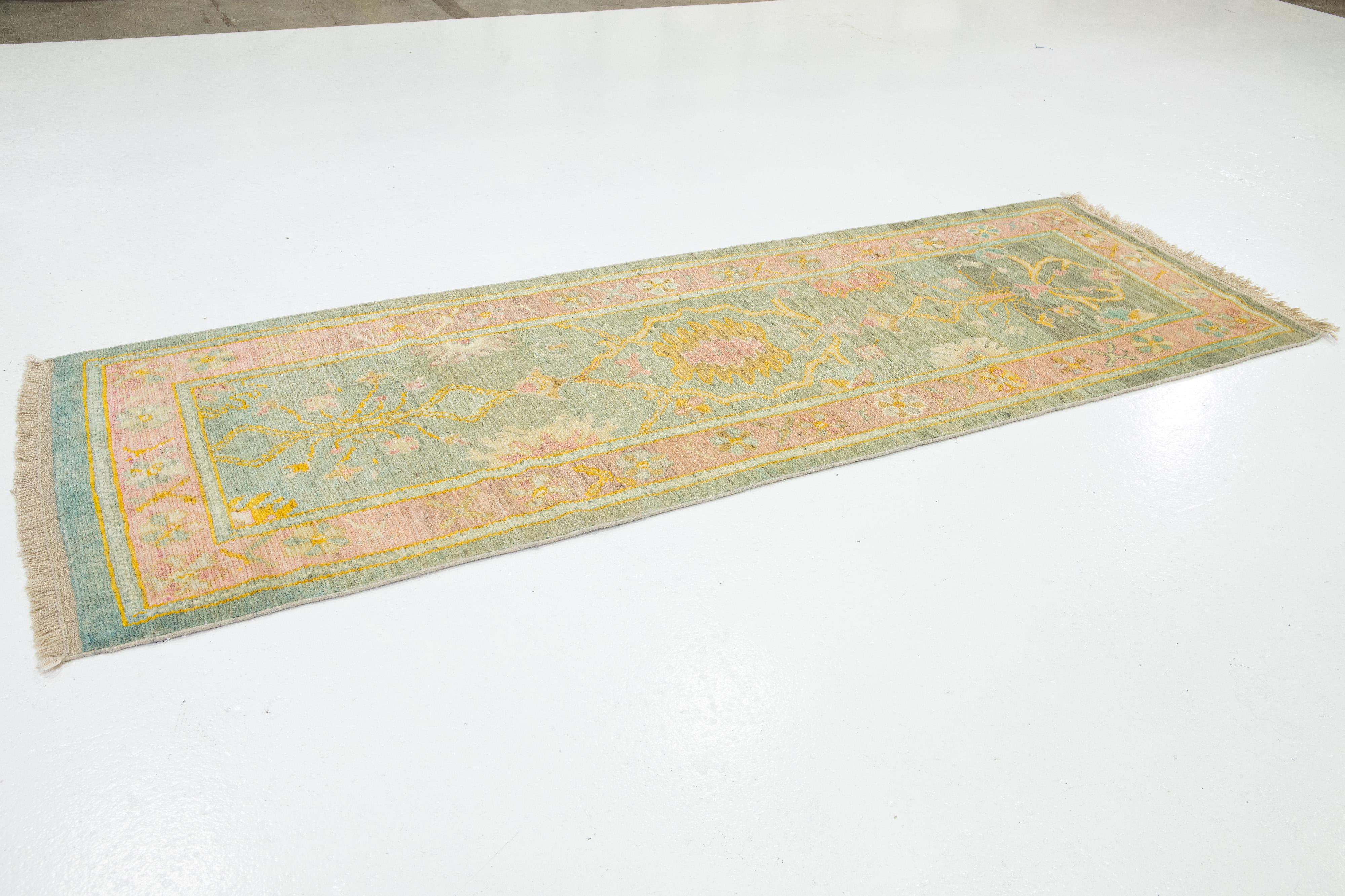 Contemporary Modern Designed Turkish Oushak Handmade Wool Runner in Green  For Sale