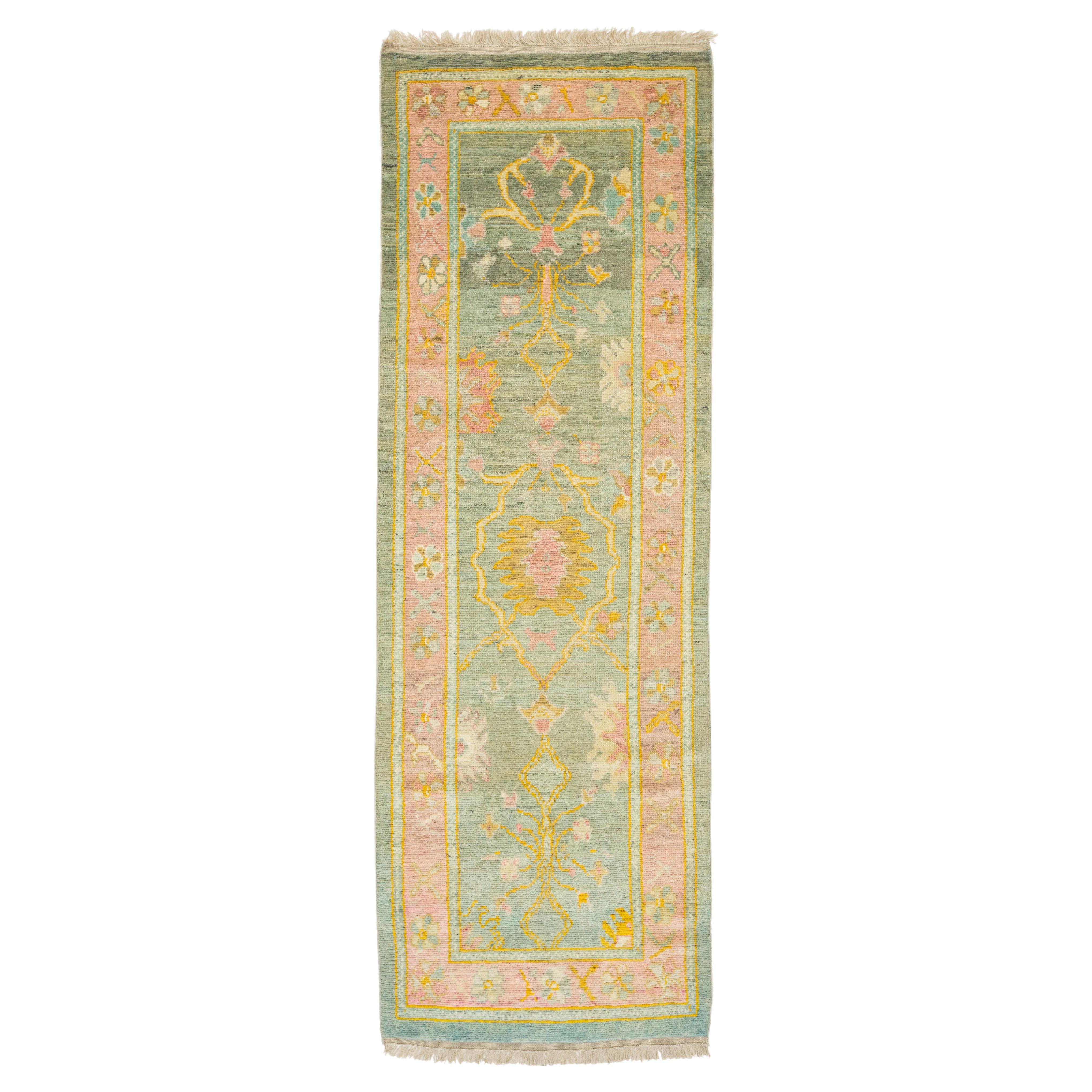 Modern Designed Turkish Oushak Handmade Wool Runner in Green 