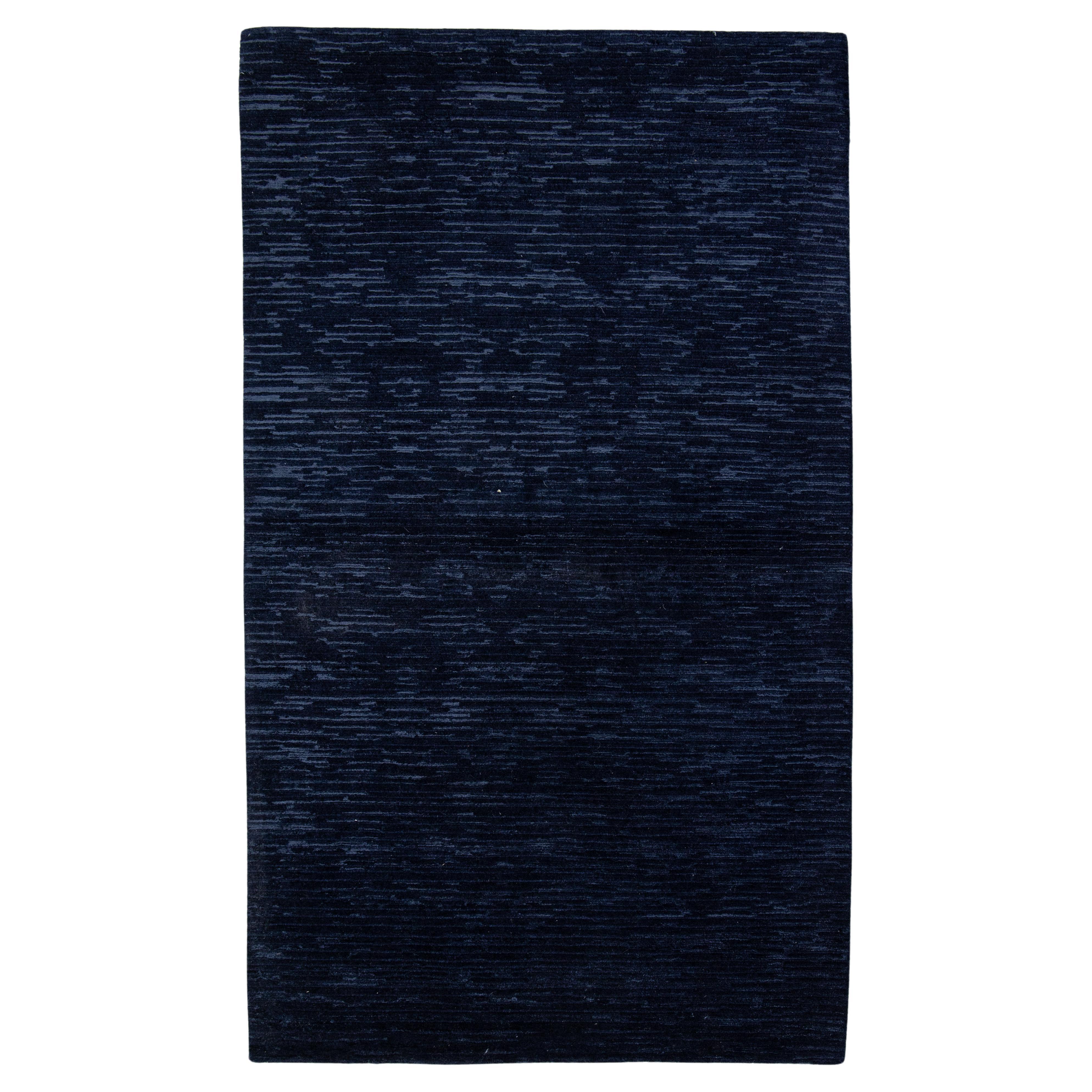 Modern Designed Wool & Bamboo Silk Rug In Deep Blue Color From Nepal