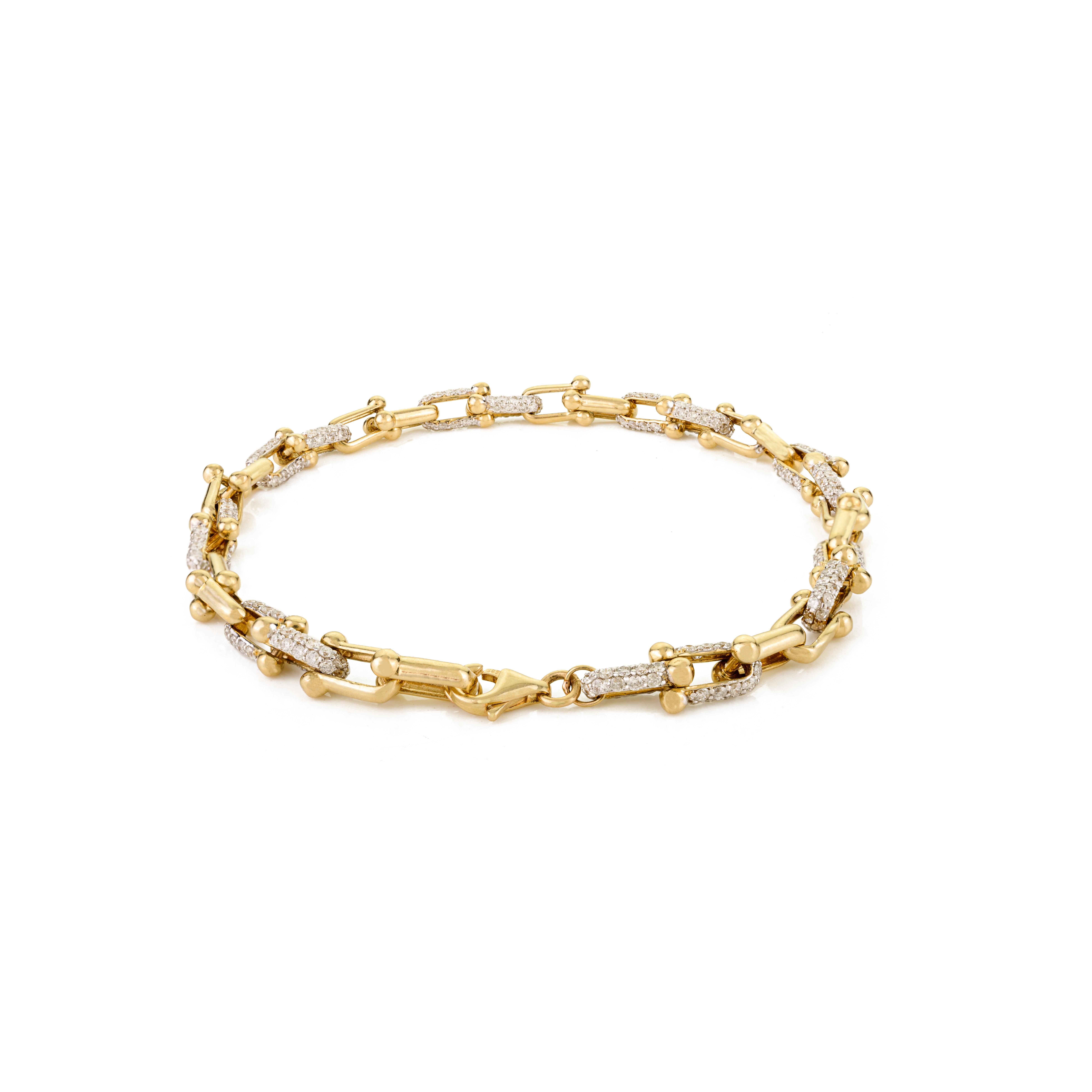 Moderno Bracciale Paperclip da donna in oro giallo 14 carati con diamanti, di design moderno in vendita