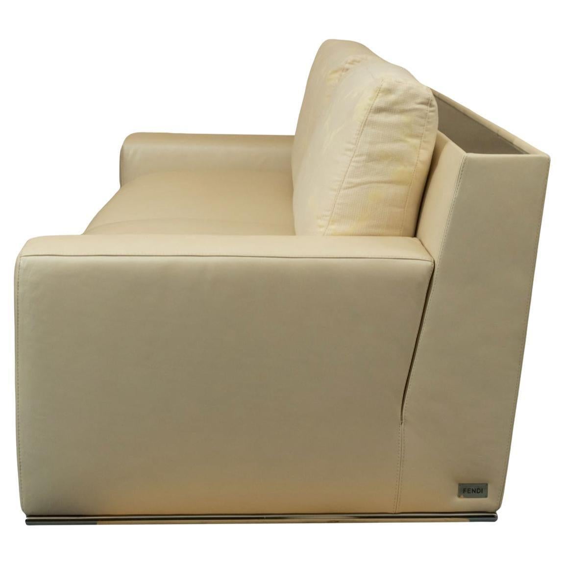 Modern Designer Fendi Casa ivory leather sofa In Good Condition For Sale In Brooklyn, NY