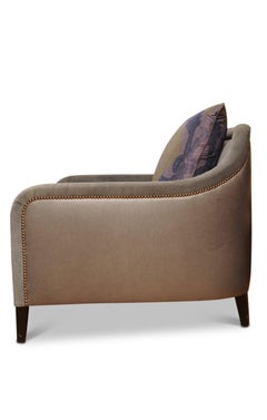 Modern Designer Handmade Club Chair Upholstered with Blue Velvet & Blue Leather