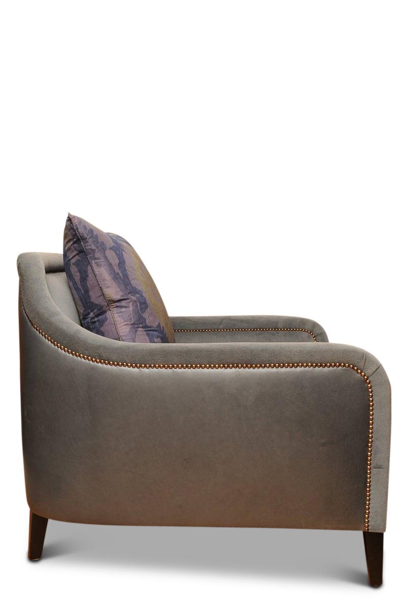 Brushed Modern Designer Handmade Club Chair Upholstered with Blue Velvet & Blue Leather For Sale
