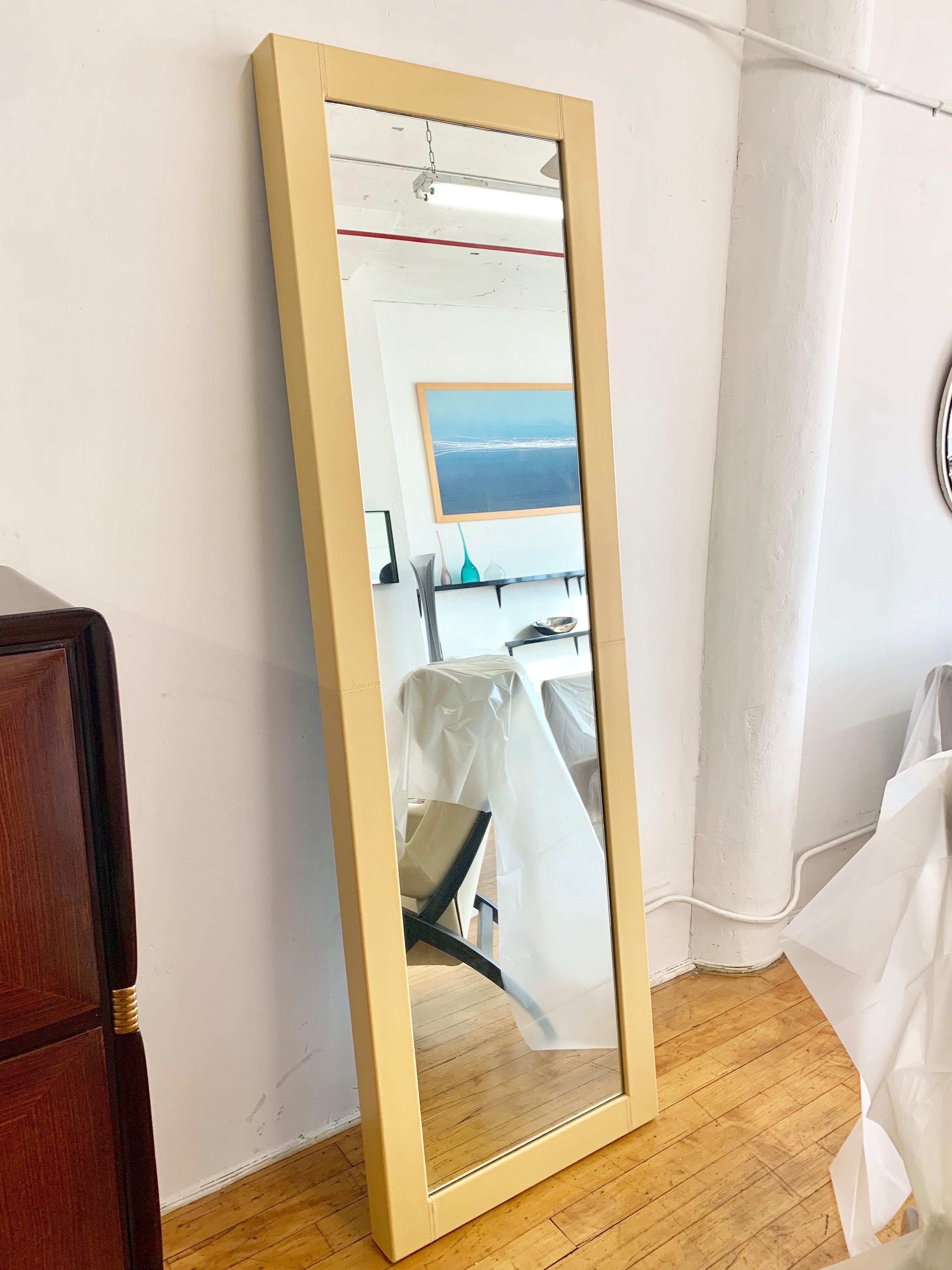 Modern Italian floor leather covered mirror, leather covered on all sides with visible stitching details, 83
