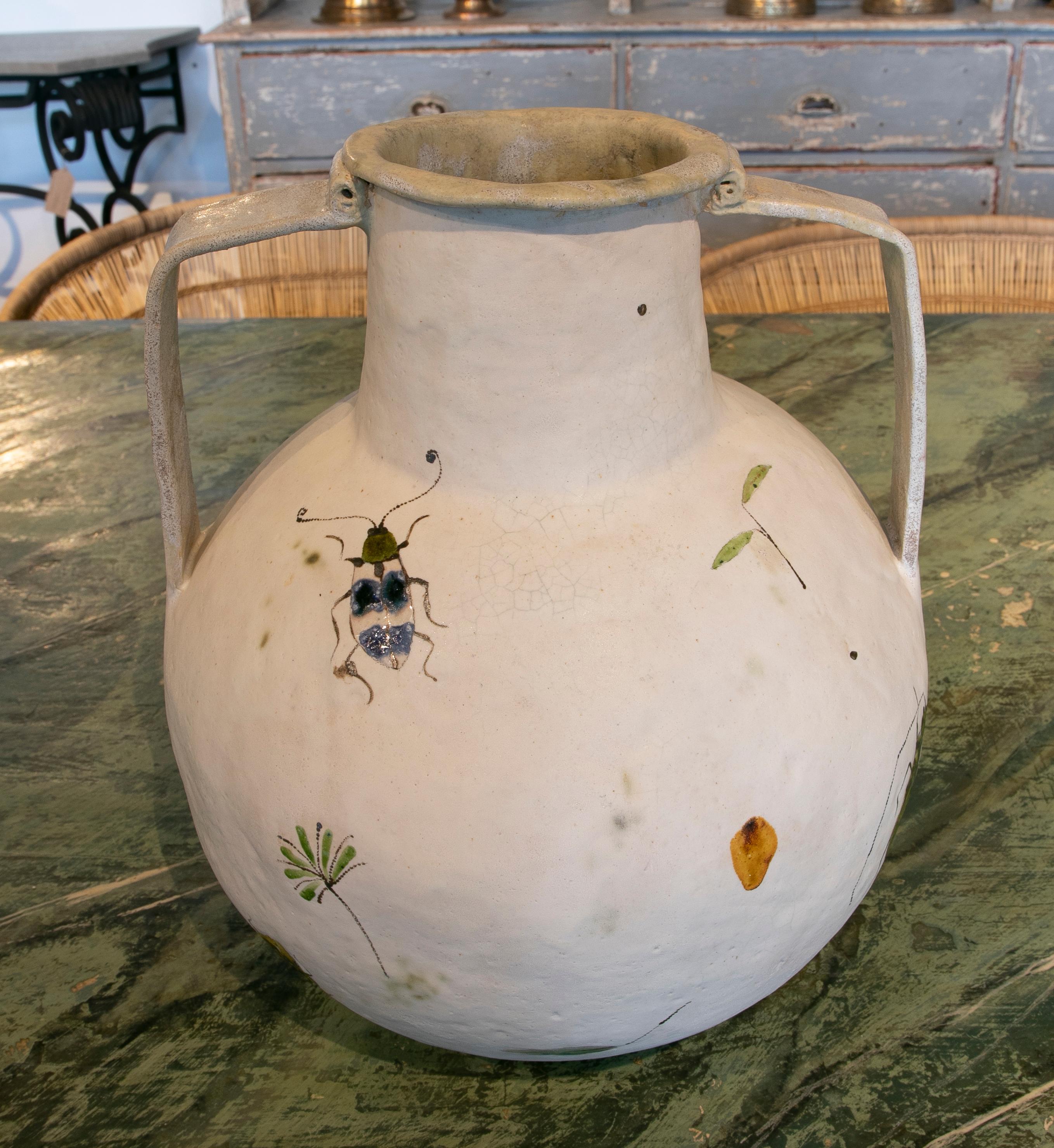 Modern Designer Spanishwhite ceramic vase w/ hand painted insects & flowers.