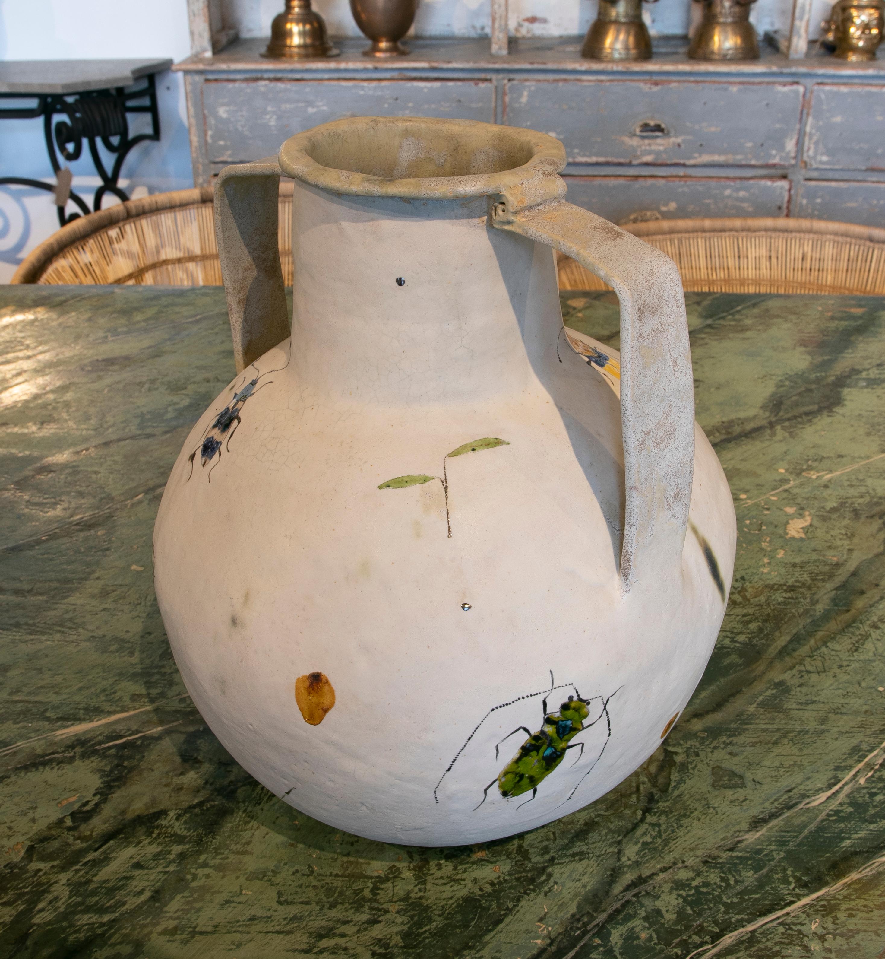 Glazed Modern Designer Spanish White Ceramic Vase w/ Hand Painted Insects & Flowers