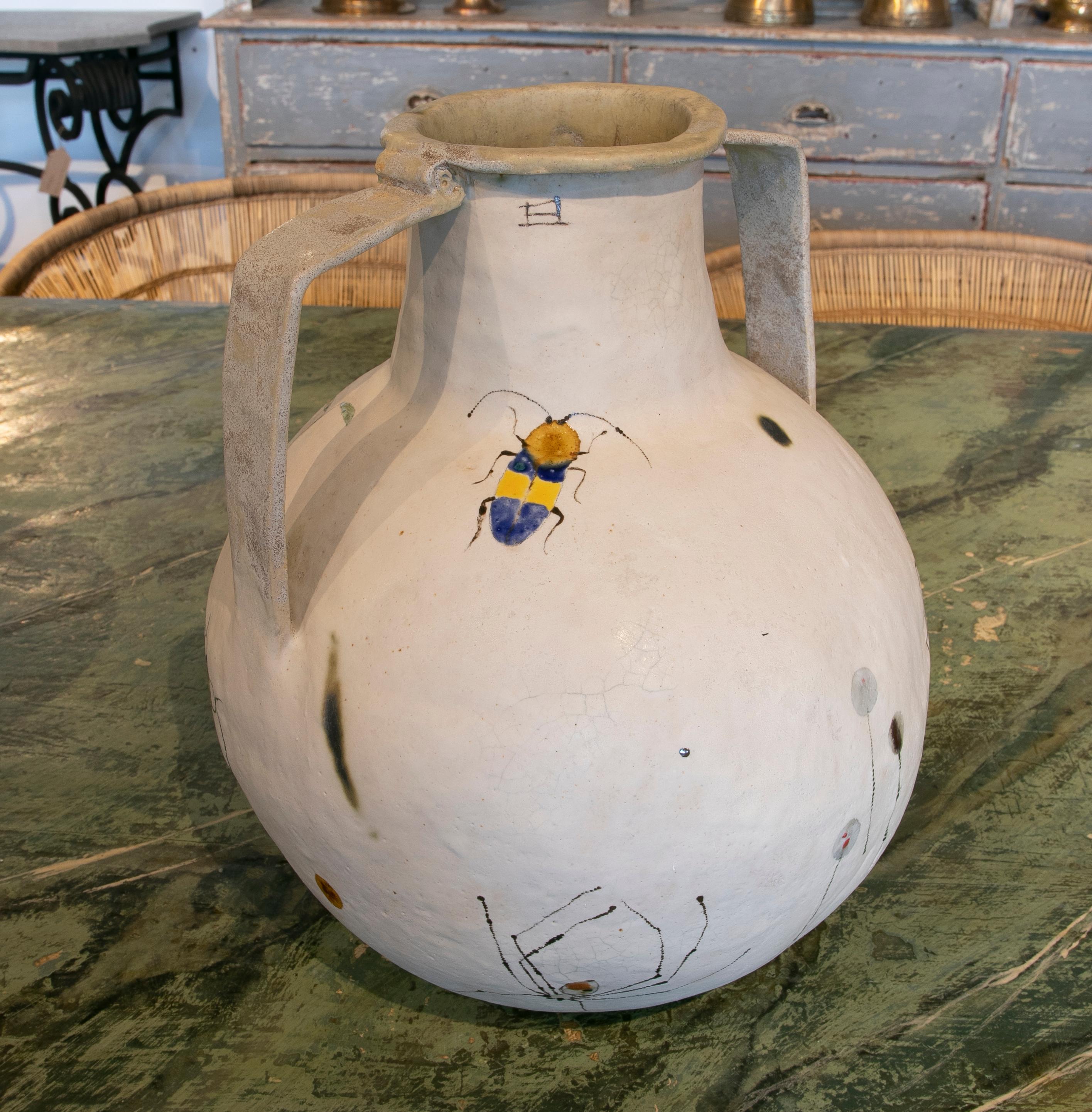 Contemporary Modern Designer Spanish White Ceramic Vase w/ Hand Painted Insects & Flowers