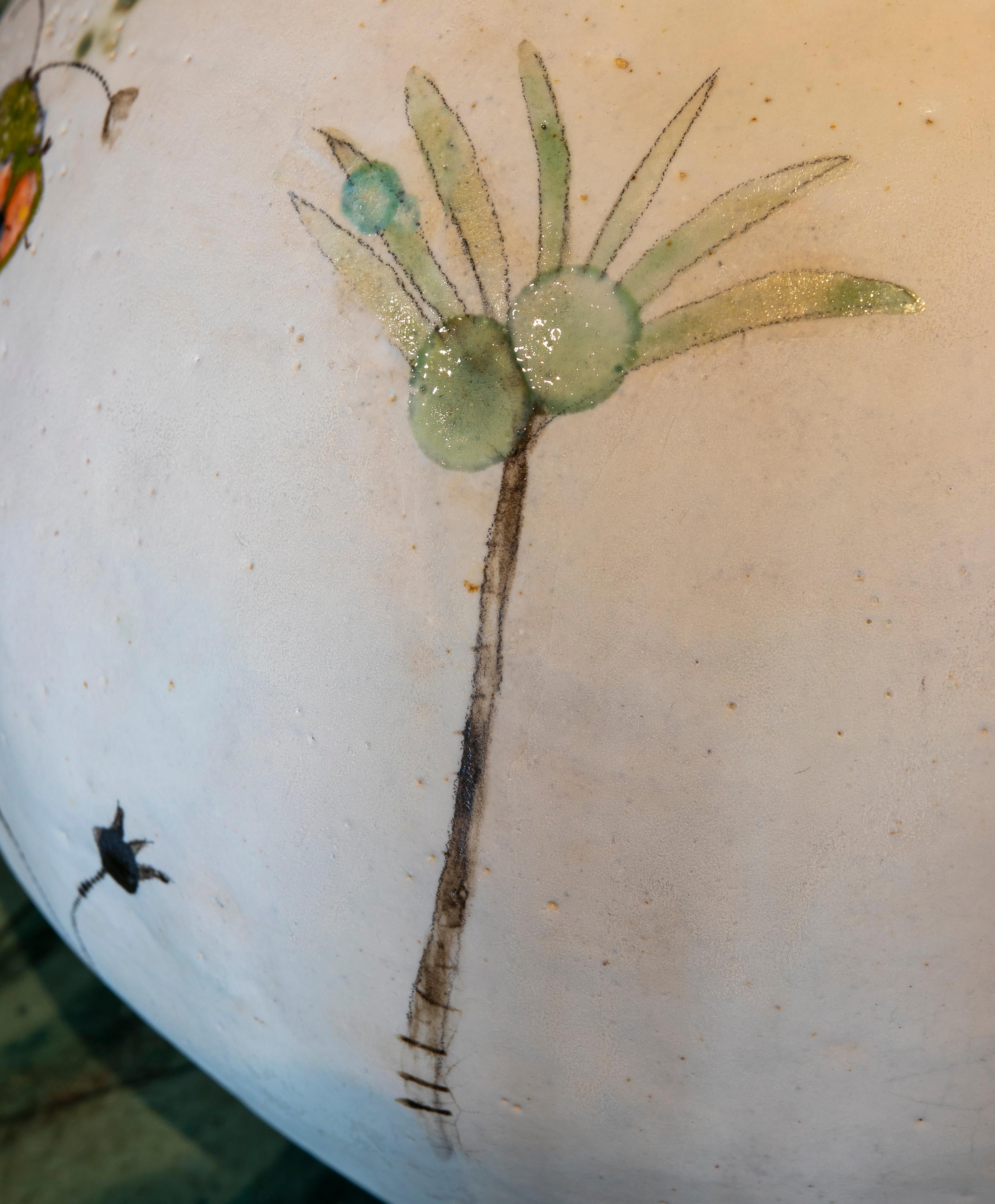 Modern Designer Spanish White Ceramic Vase w/ Hand Painted Insects & Flowers 3