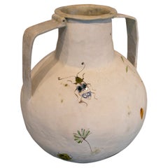 Modern Designer Spanish White Ceramic Vase w/ Hand Painted Insects & Flowers
