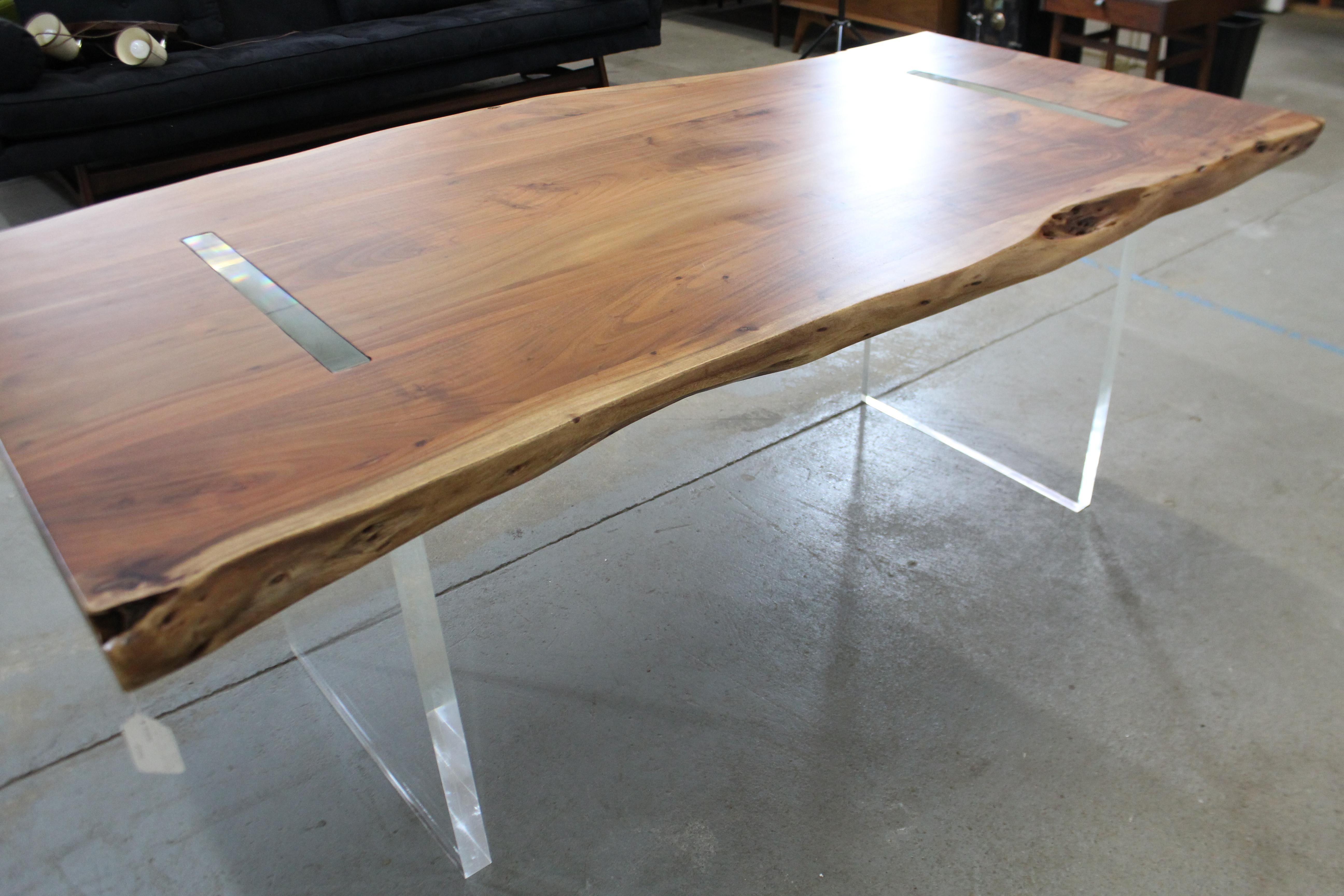 Modern Designer Studio Floating Top Acacia Slab Wood and Lucite Dining Table 2