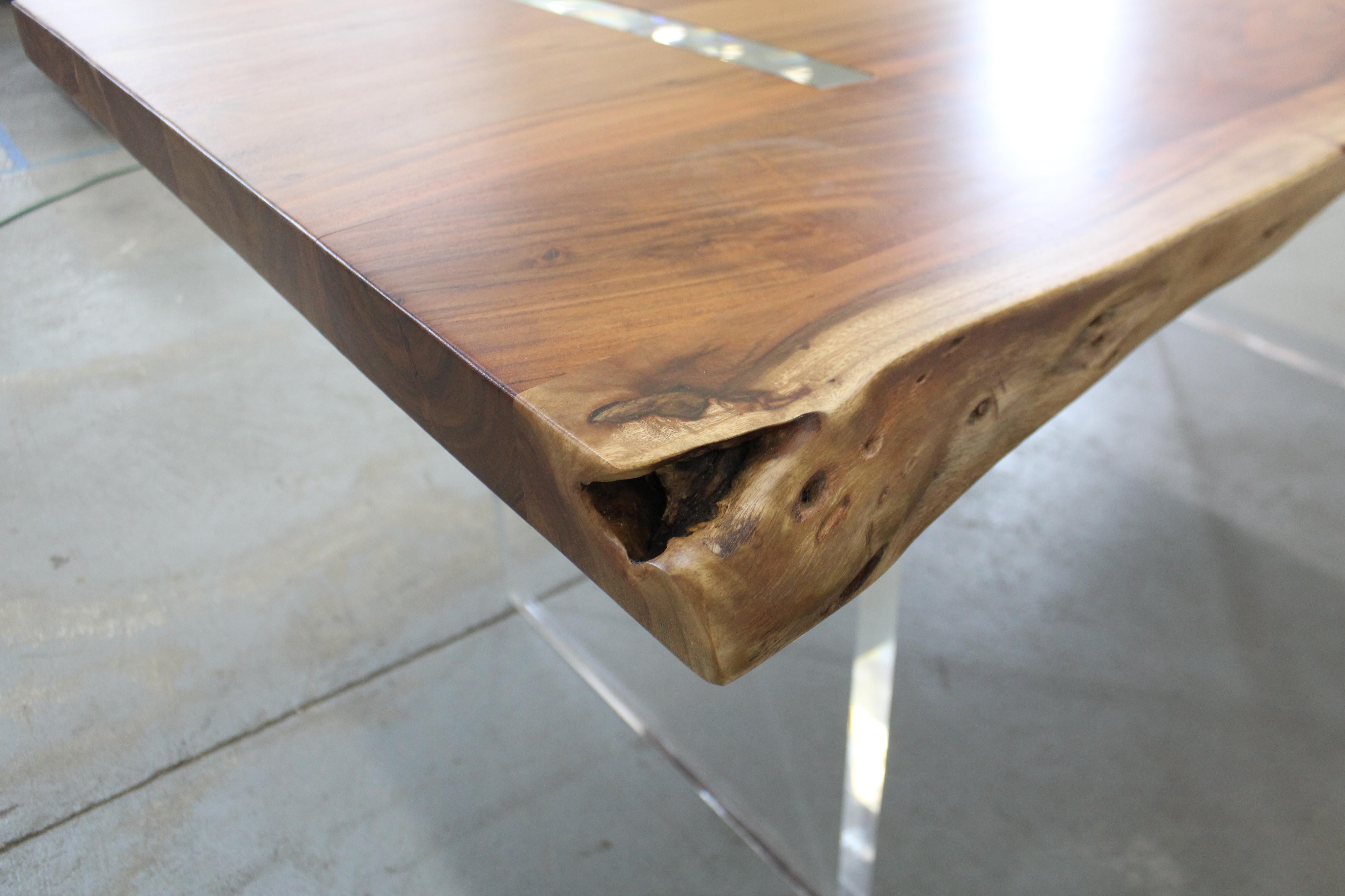 Modern Designer Studio Floating Top Acacia Slab Wood and Lucite Dining Table 3