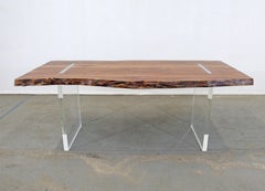 Modern Designer Studio Floating Top Acacia Slab Wood and Lucite Dining Table