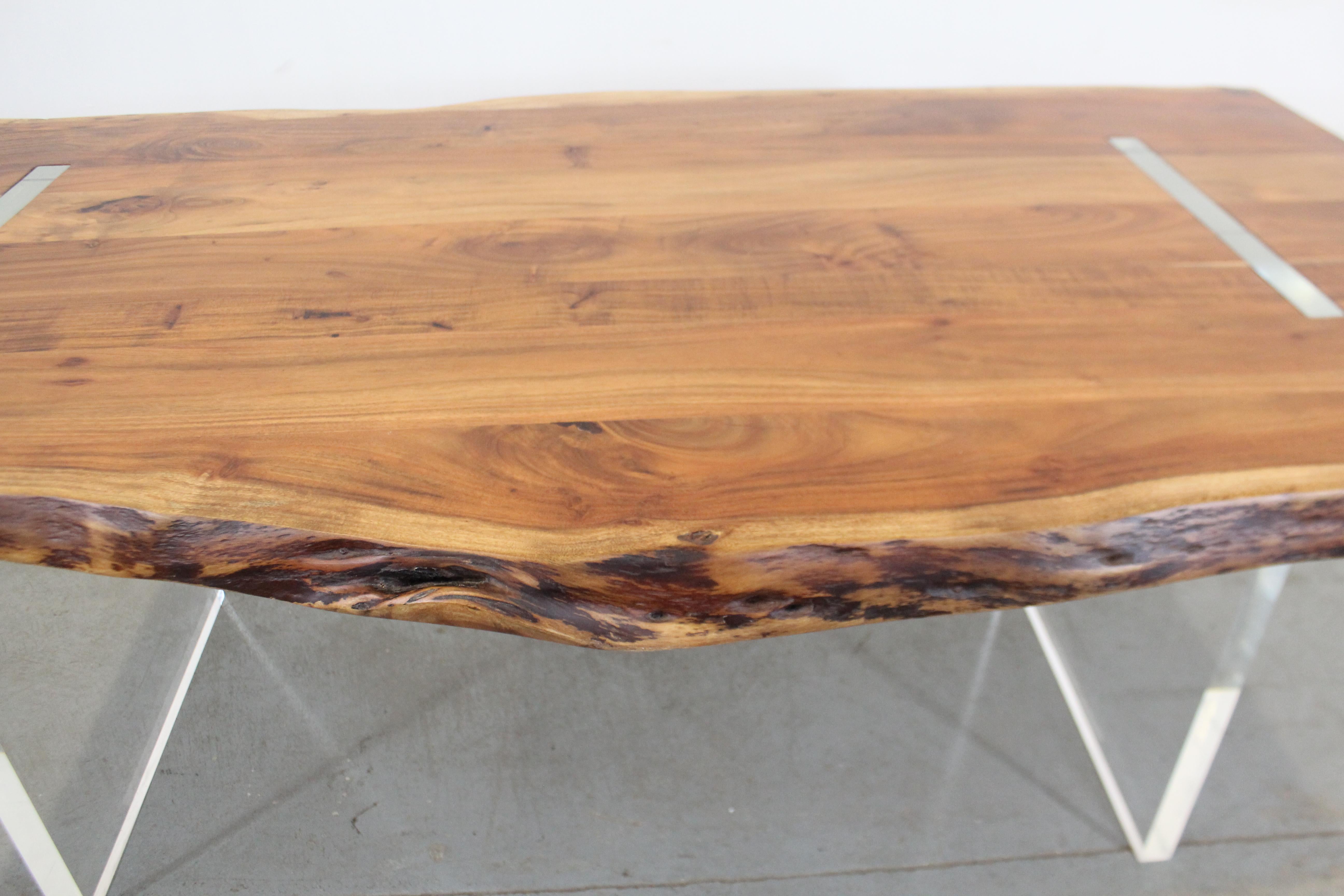 American Modern Designer Studio Floating Top Acacia Slab Wood and Lucite Dining Table