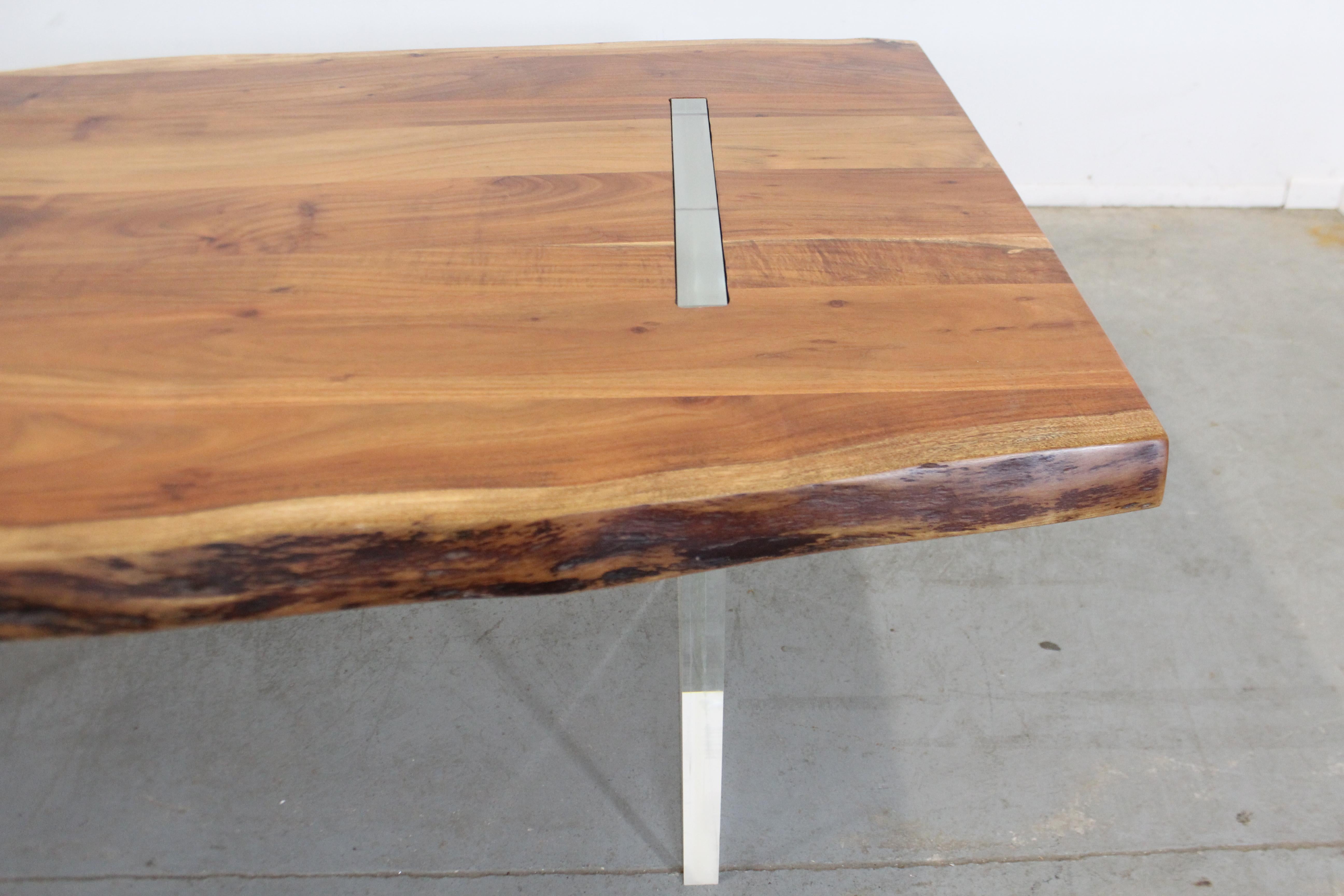 Modern Designer Studio Floating Top Acacia Slab Wood and Lucite Dining Table In Good Condition In Wilmington, DE