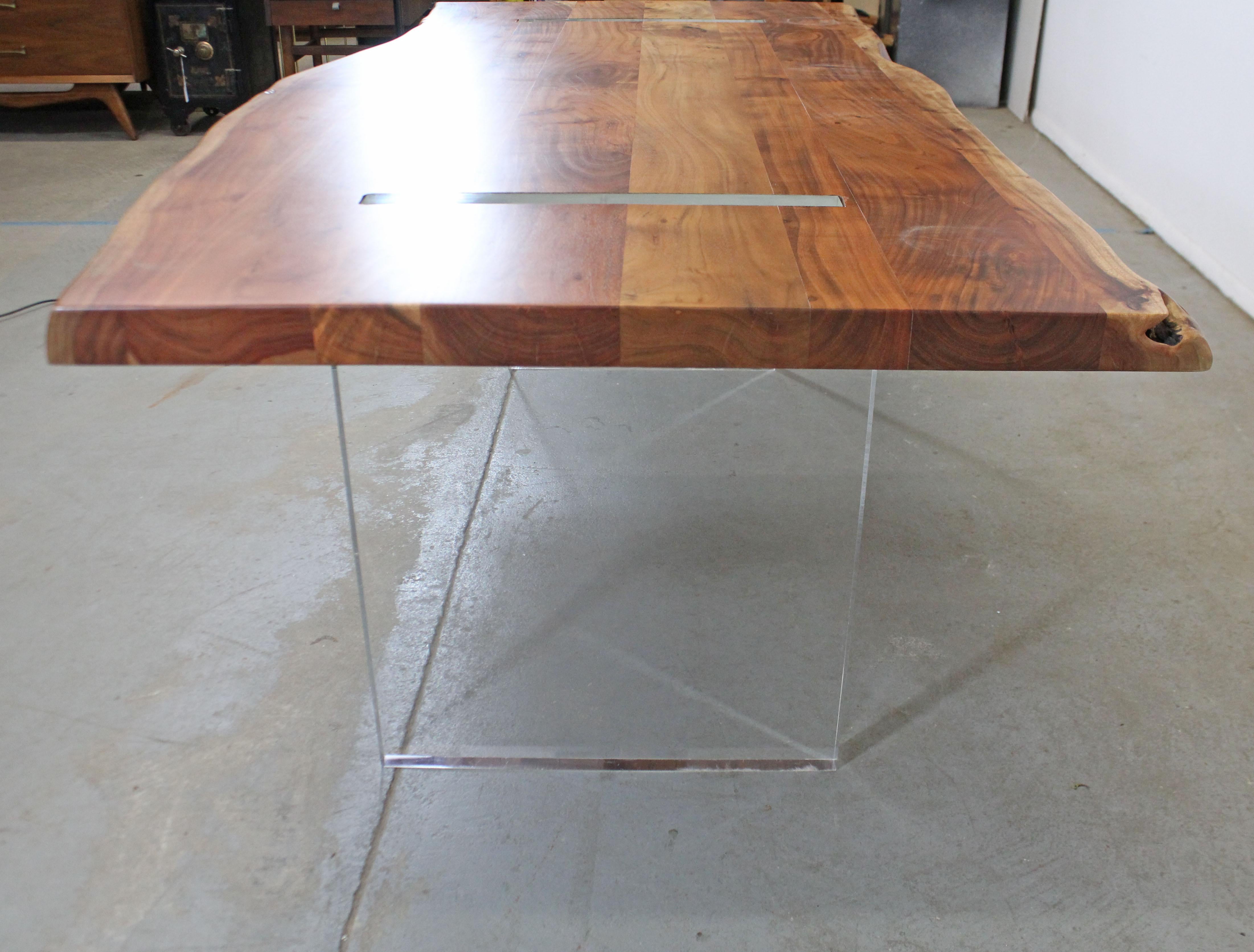Modern Designer Studio Floating Top Acacia Slab Wood and Lucite Dining Table 1
