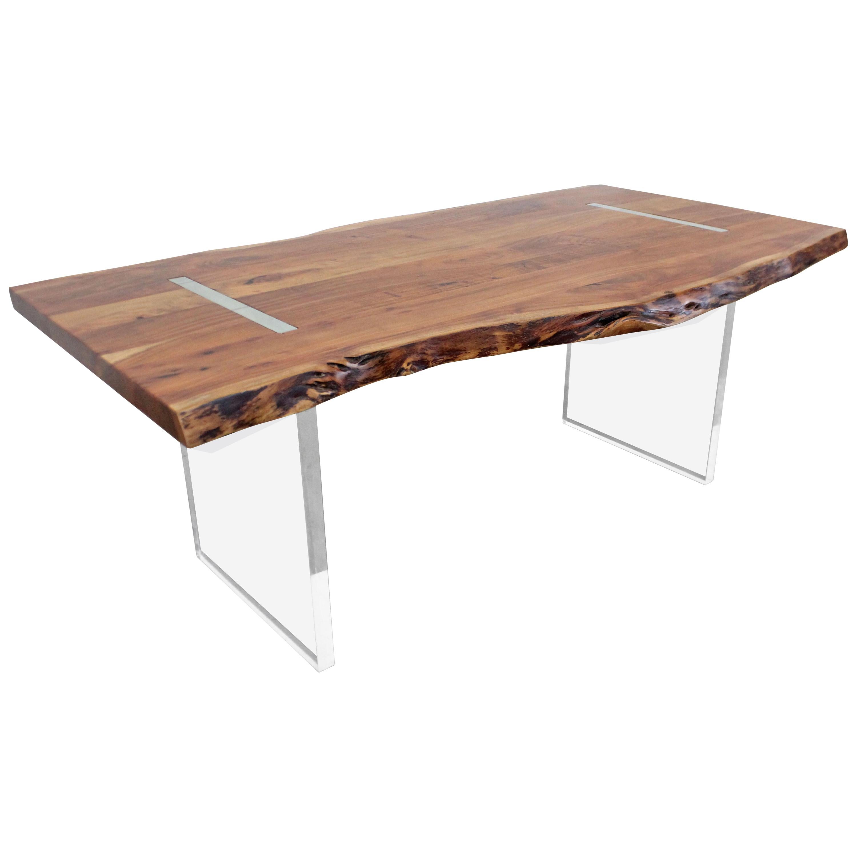 Modern Designer Studio Floating Top Acacia Slab Wood and Lucite Dining Table