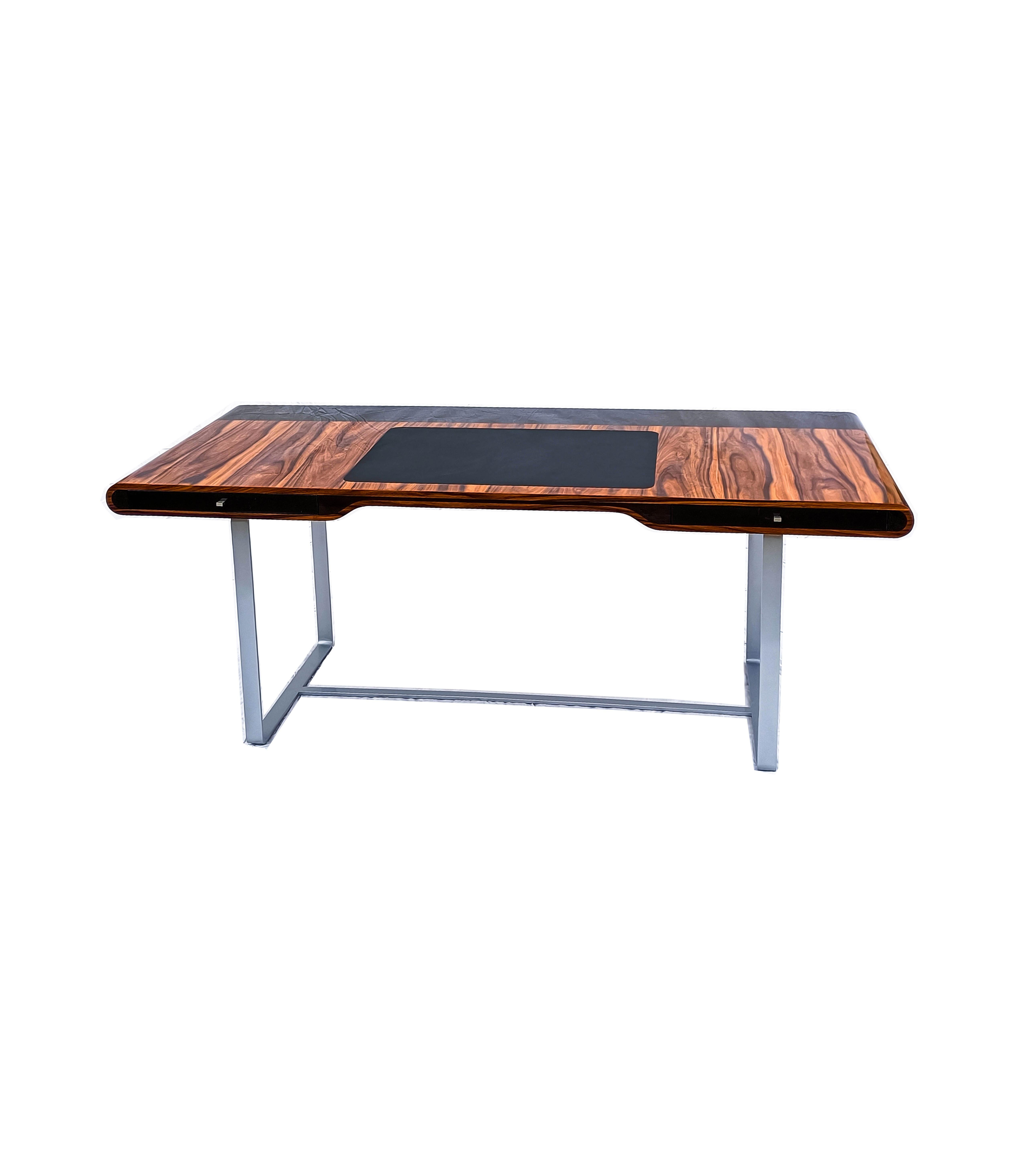 Little Shanghai desk in santos wood and black saycomore silver painted leg. There are two drawers on each side.
This desk is hand build in or workshop in Paris and can be made in other dimensions or finish.
PLease ask for a shipping quote to get