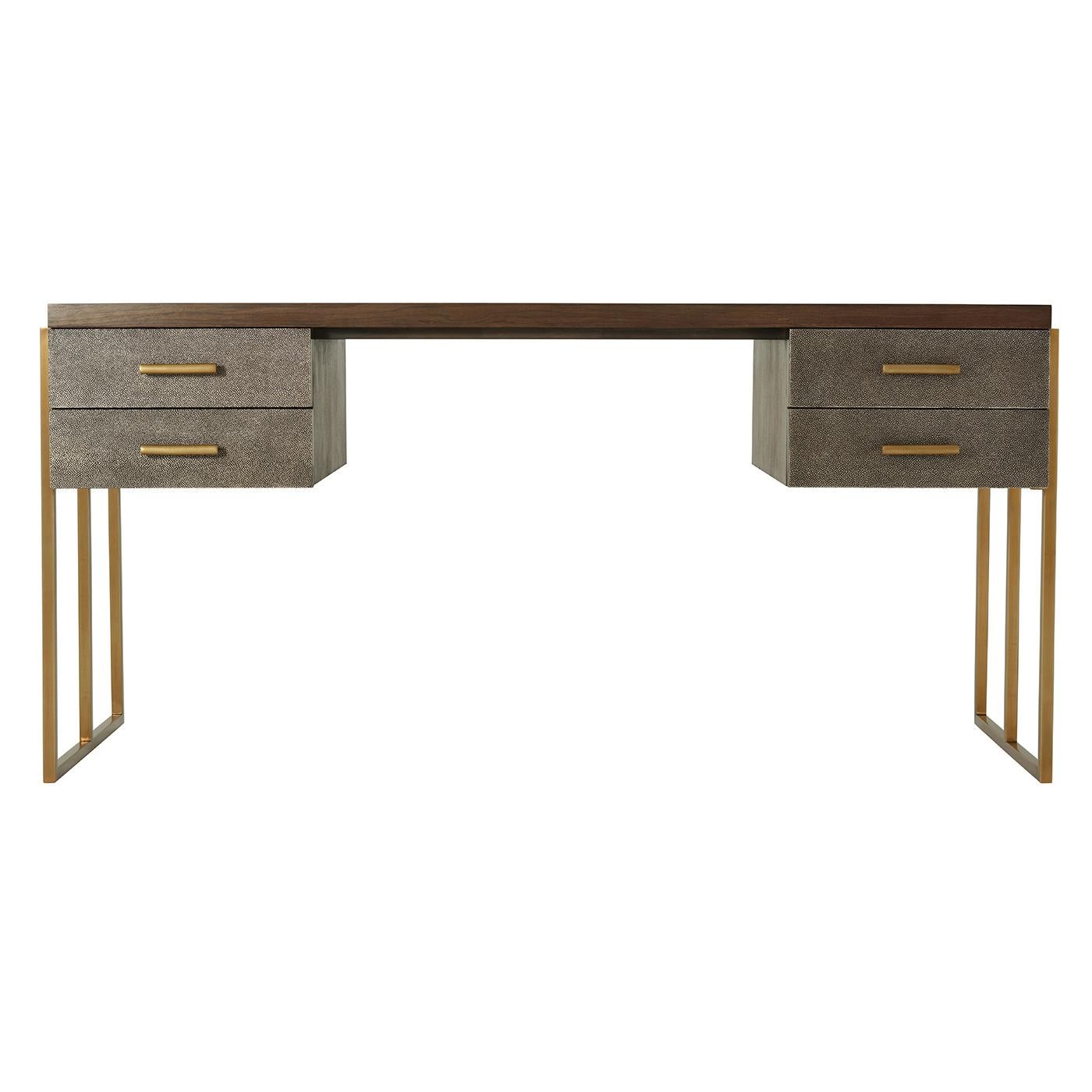 Modern desk with rectangular starburst veneered walnut grain top with a Macadamia finish, four shagreen inlaid drawers with brushed brass handles and side supports.

Dimensions: 63