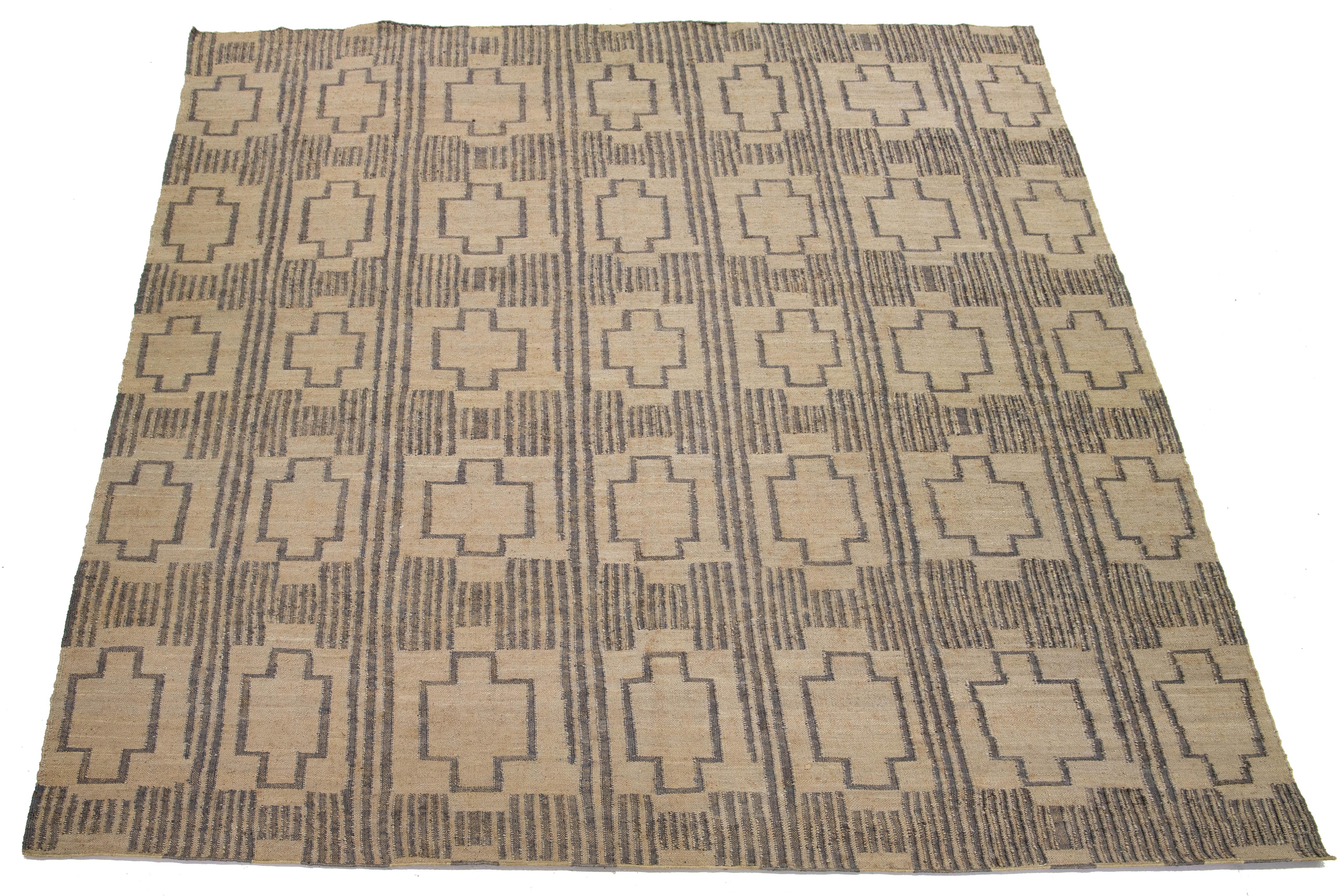 Contemporary Modern Dhurrie Handcrafted Natural Jute Rug In Tan For Sale