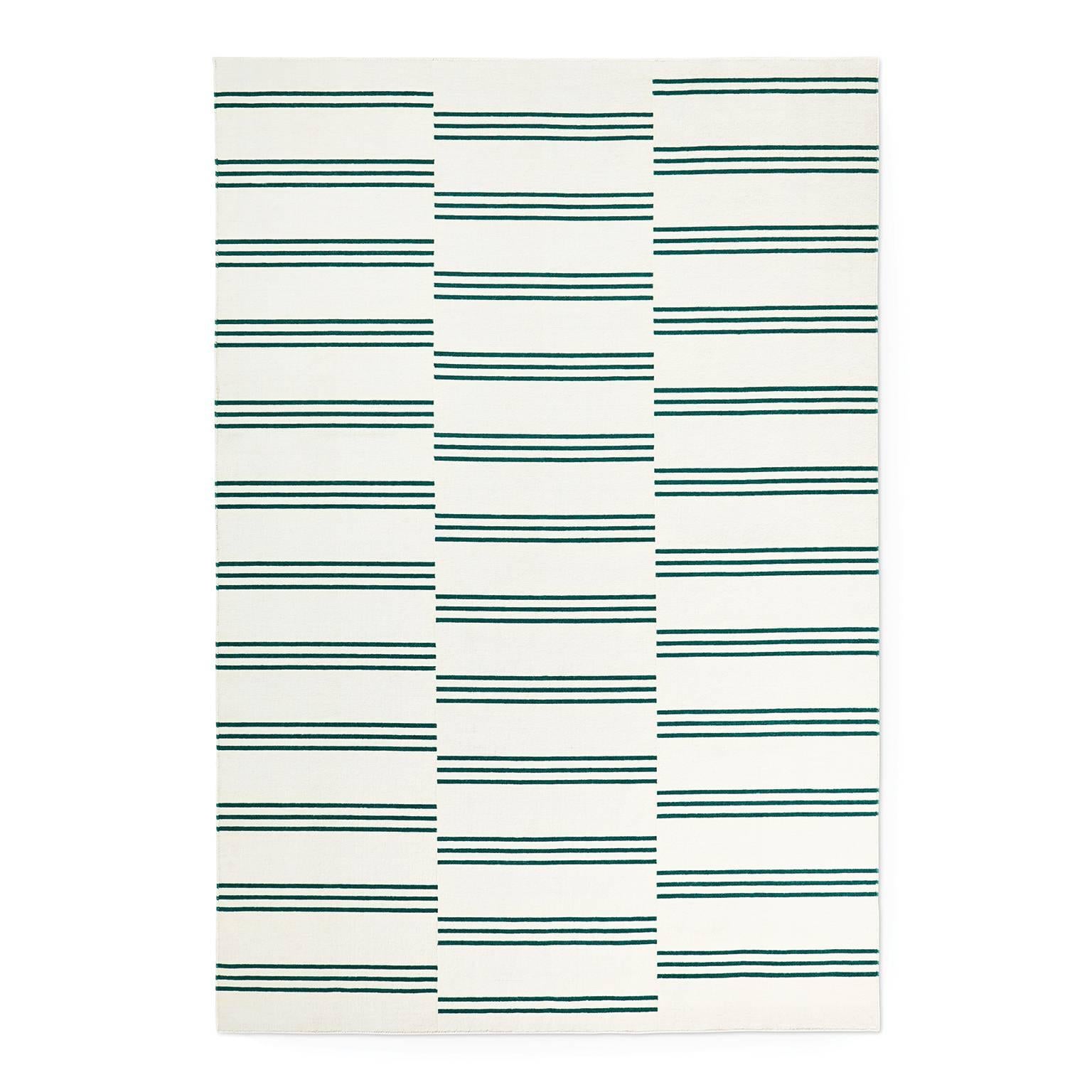 Stripes Cream/Green Modern Dhurrie/Kilim Rug in Scandinavian Design