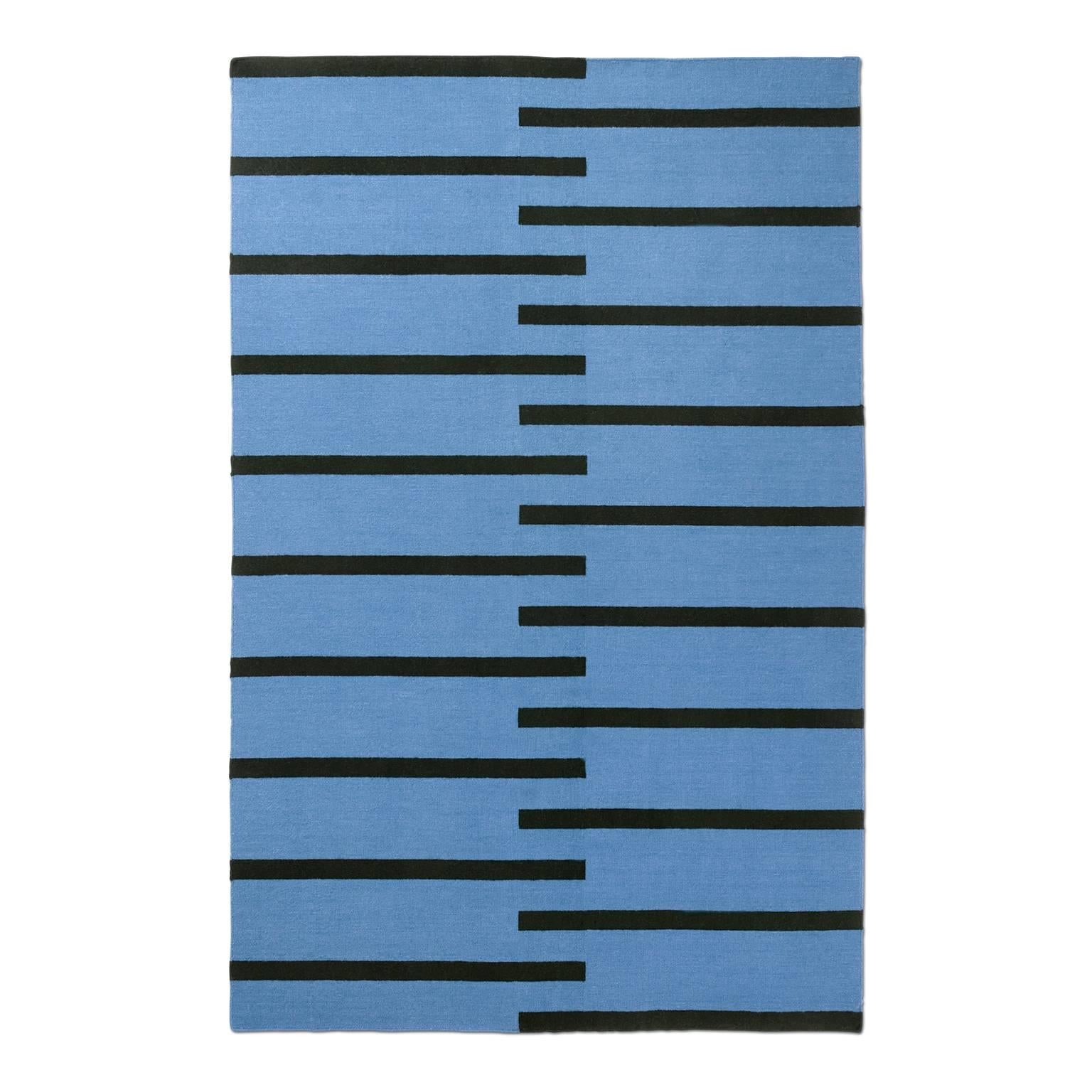 Tiger Blue/Black, Modern Dhurrie/Kilim Rug in Scandinavian Design For Sale