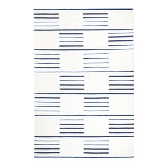 Modern Dhurrie/Kilim Rug in Swedish Design. Classic Cream/Blue 5'x8'.