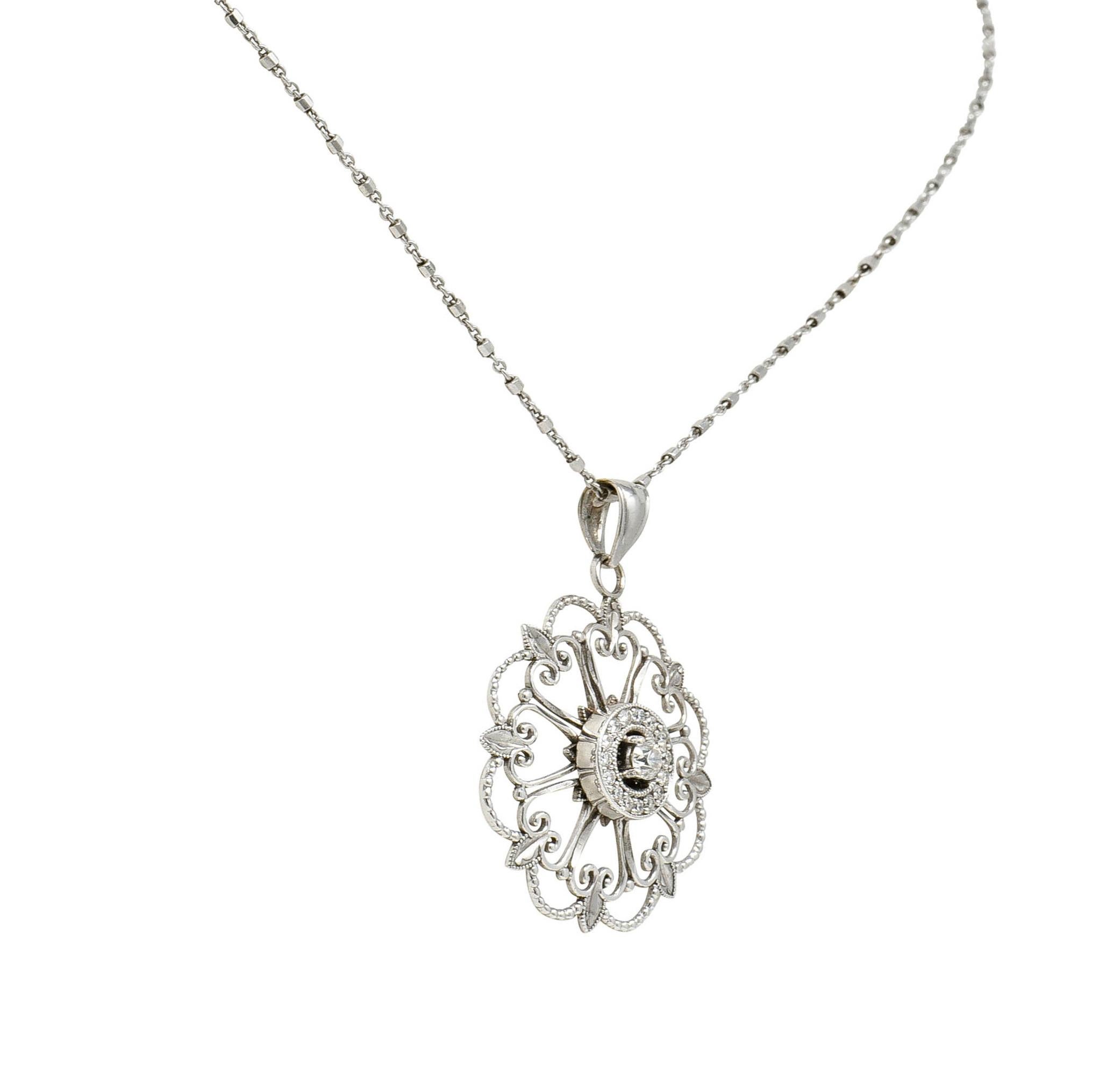 Contemporary Modern Diamond 14 Karat White Gold Floral Mandala Pendant Necklace