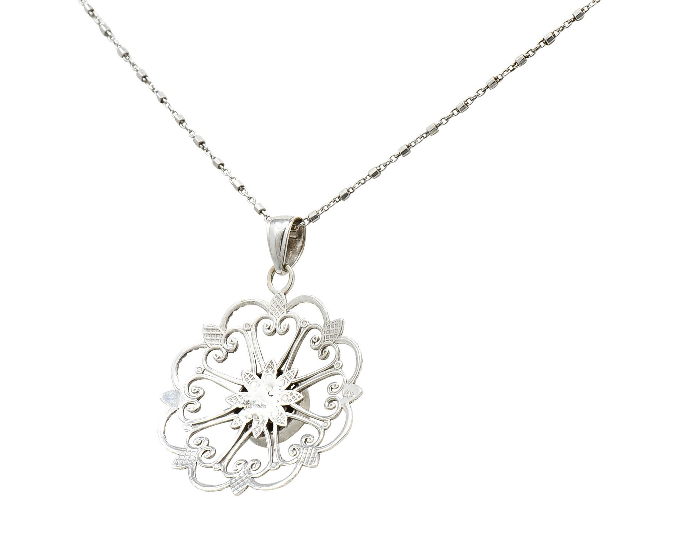 Brilliant Cut Modern Diamond 14 Karat White Gold Floral Mandala Pendant Necklace